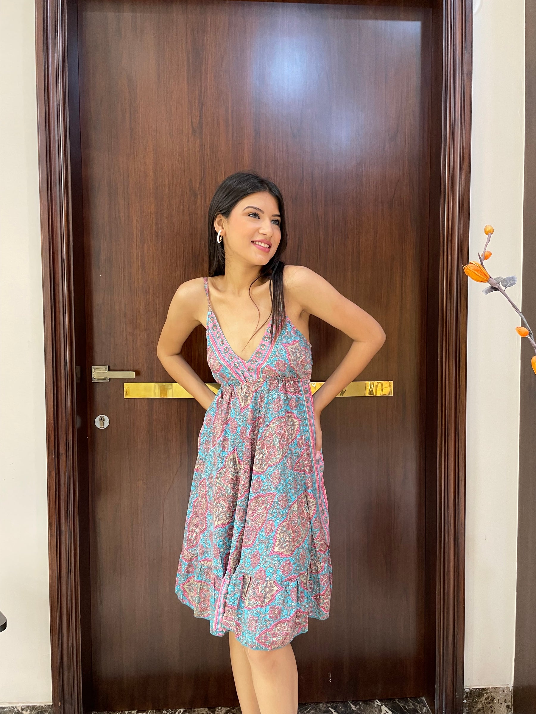 Ruffle Hem Boho Printed Short Dress - Sea Mist