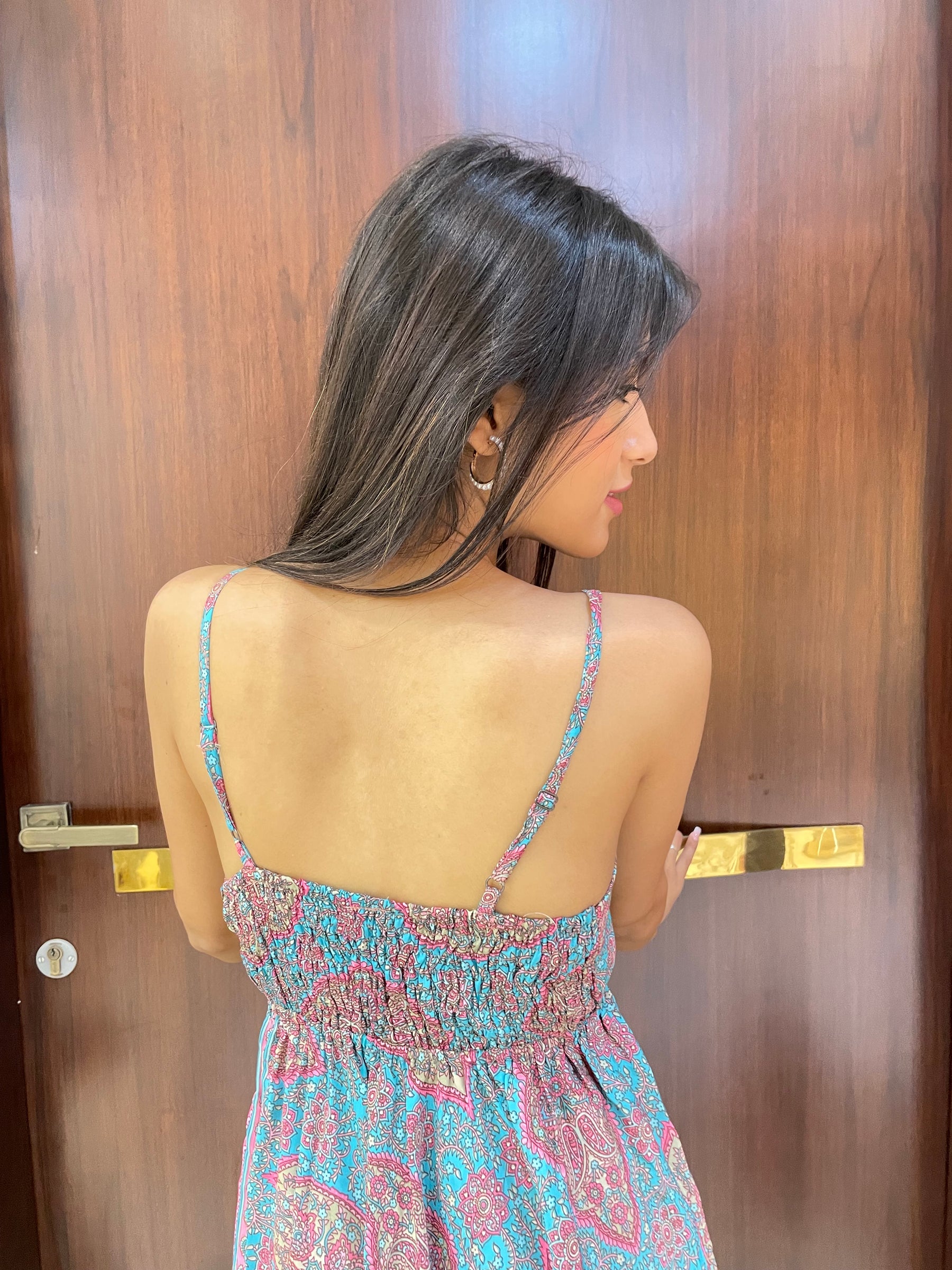 Ruffle Hem Boho Printed Short Dress - Sea Mist