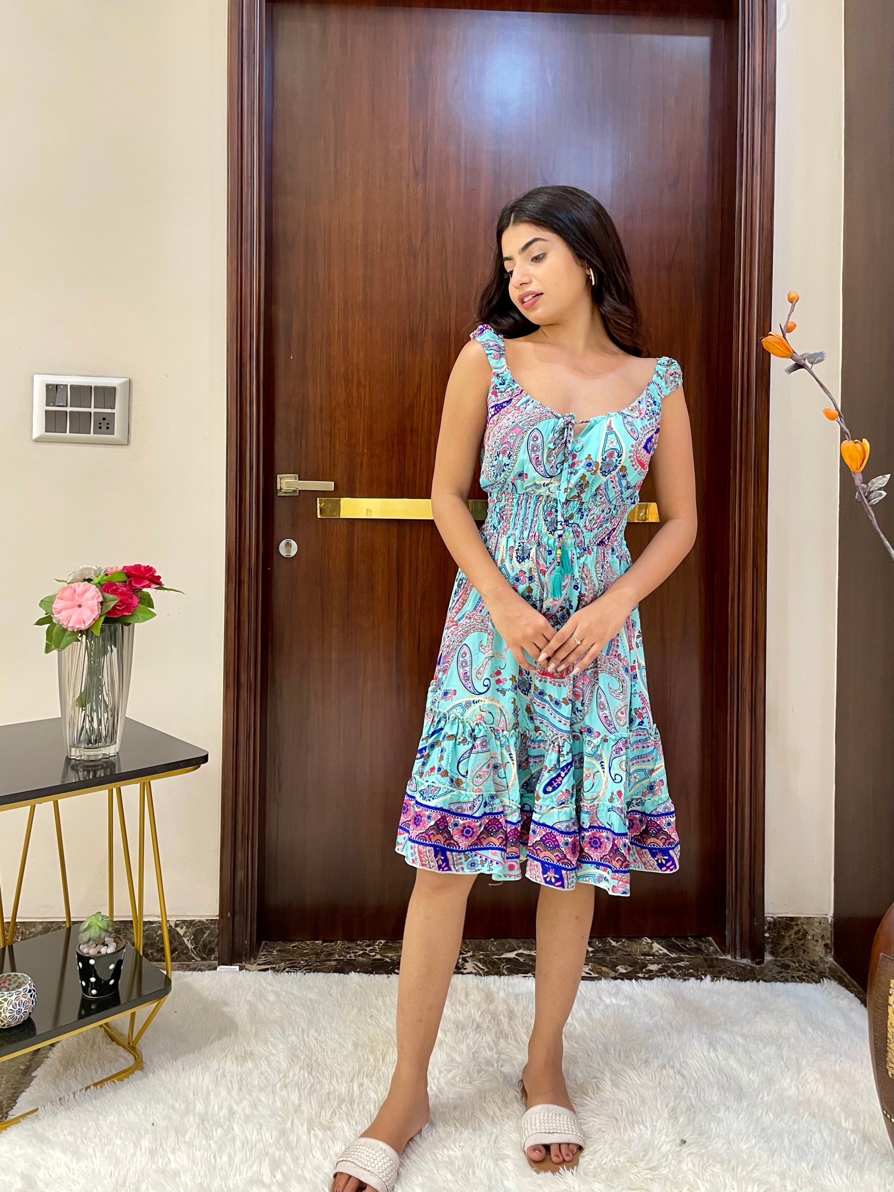 Flair Hem Boho Printed Short Dress - Sky Dreams
