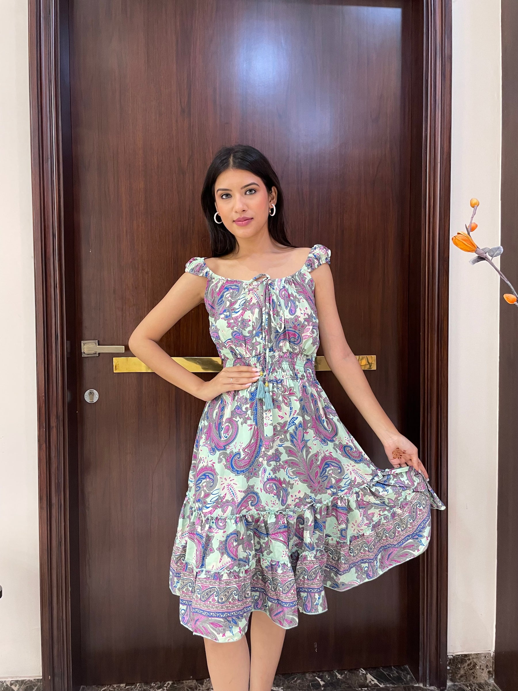Flair Hem Boho Printed Short Dress - Pastel Pista