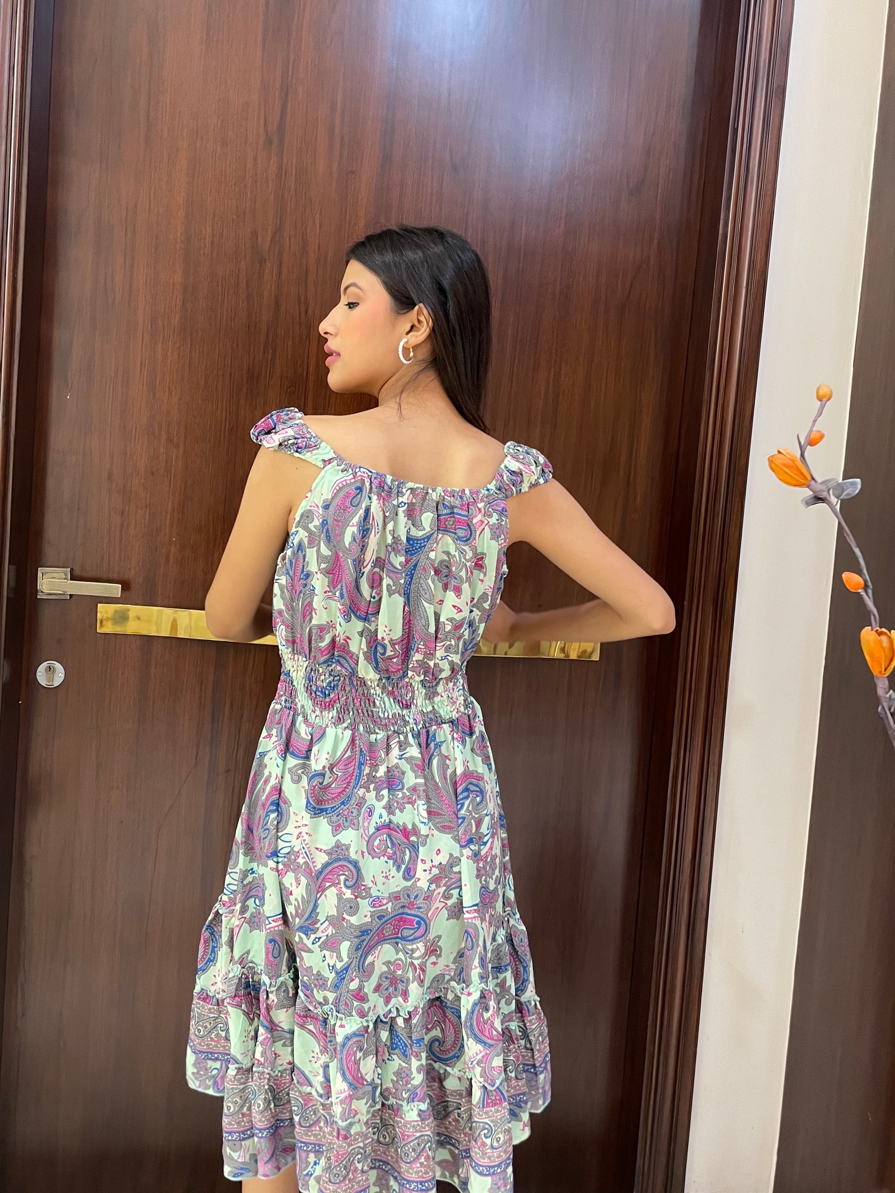 Flair Hem Boho Printed Short Dress - Pastel Pista