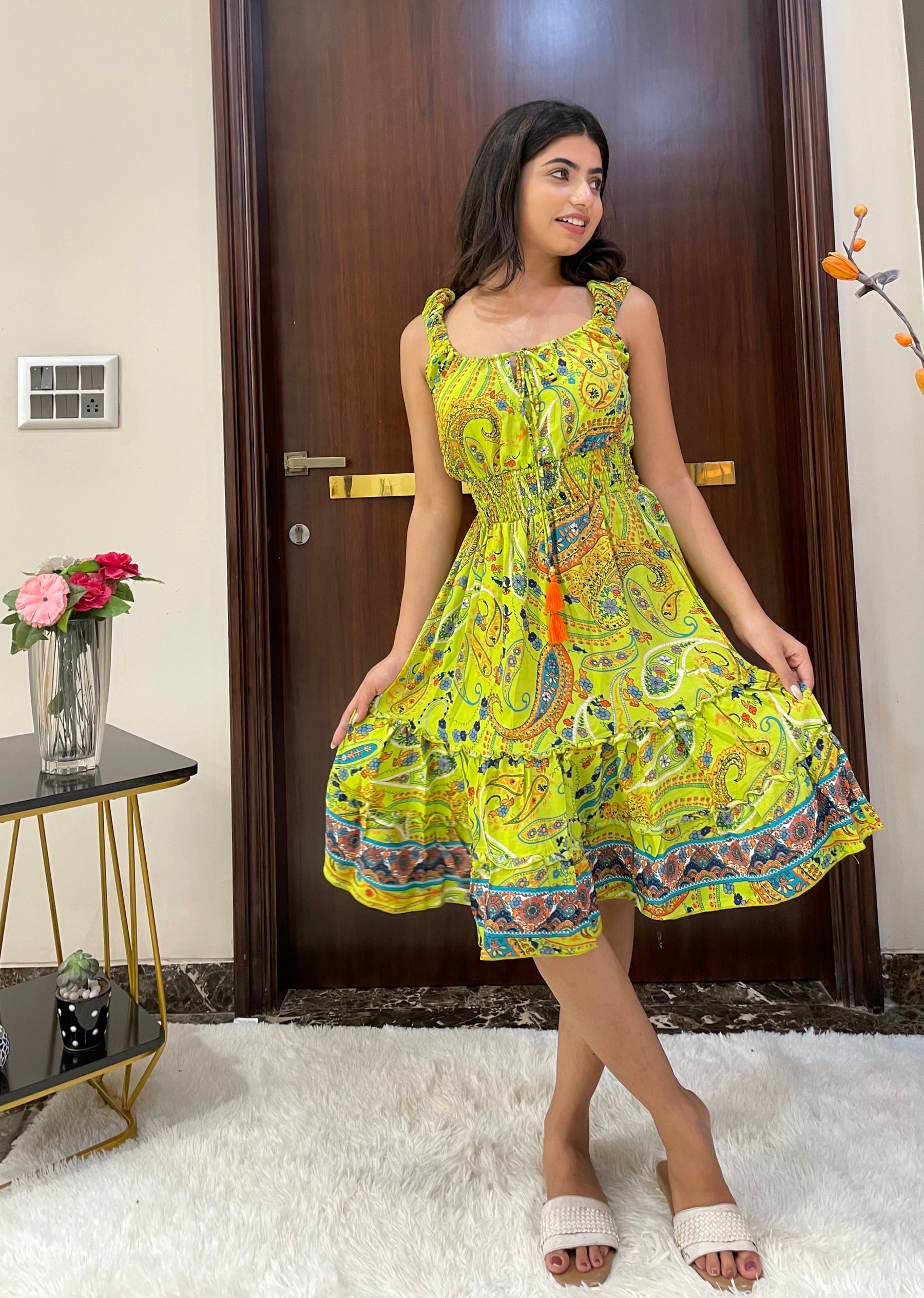 Flair Hem Boho Printed Short Dress - Vibrant Orange