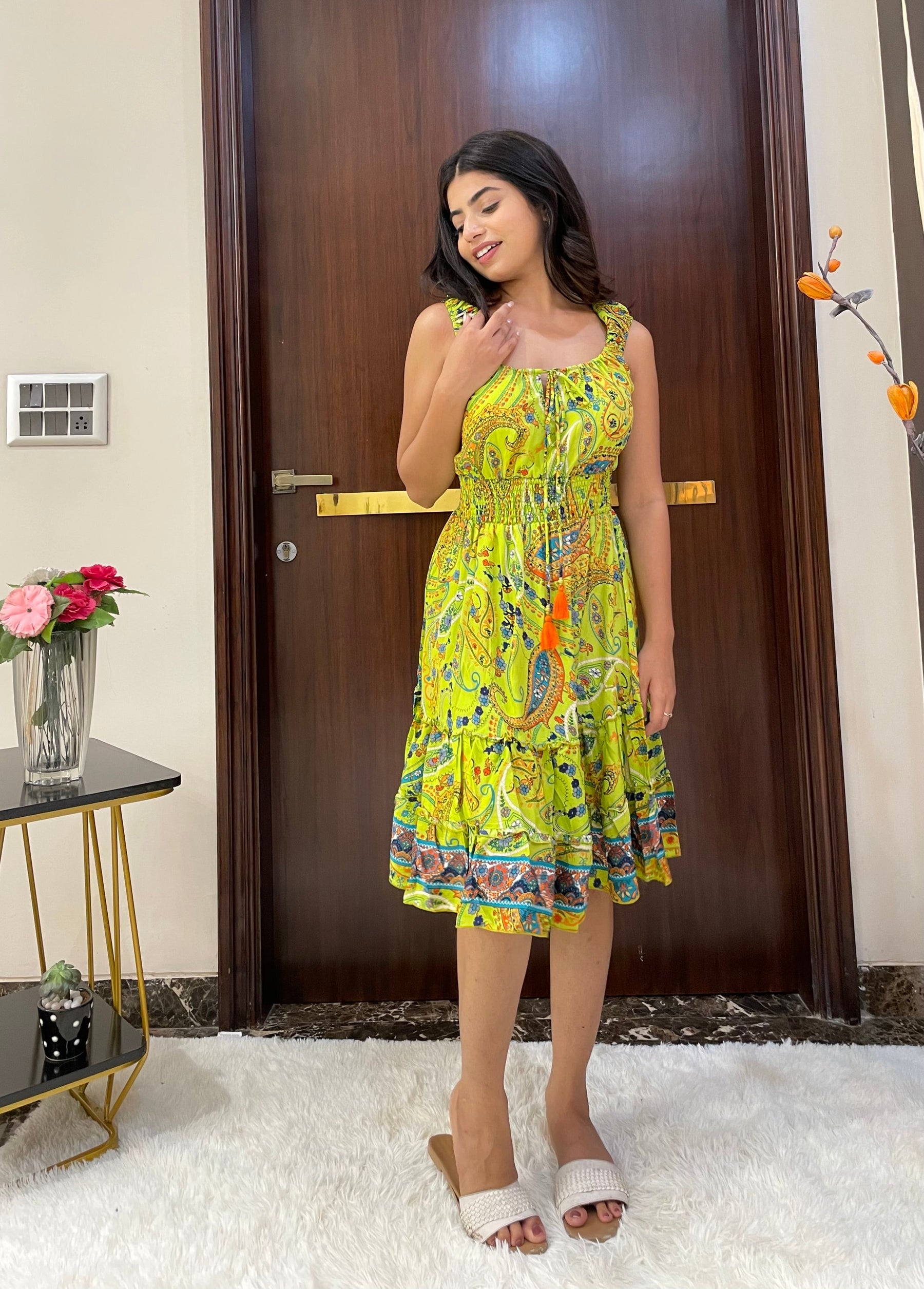 Flair Hem Boho Printed Short Dress - Vibrant Orange