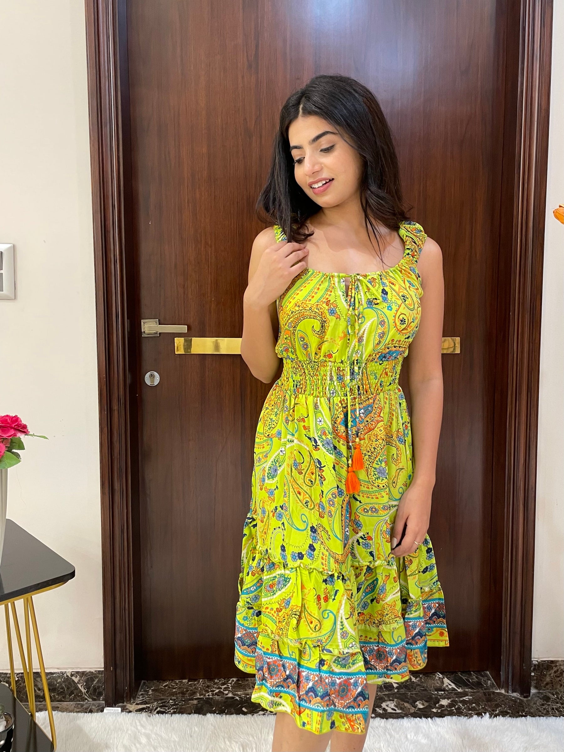 Flair Hem Boho Printed Short Dress - Vibrant Orange