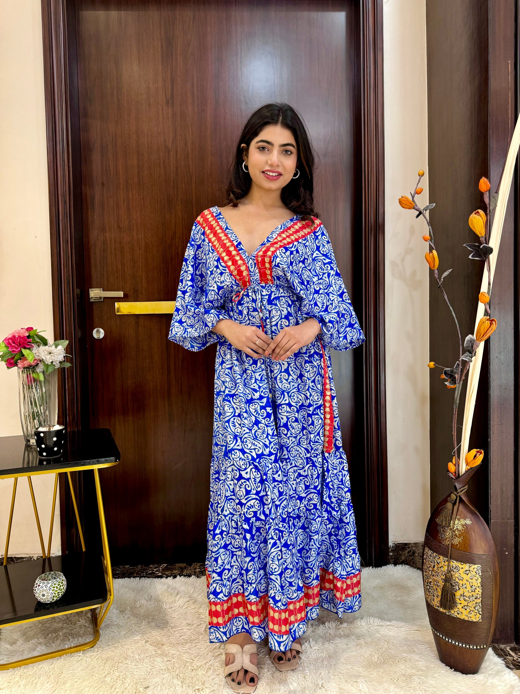 Kaftan pattern boho foil printed maxi dress - Crisp Sky SmisingBee