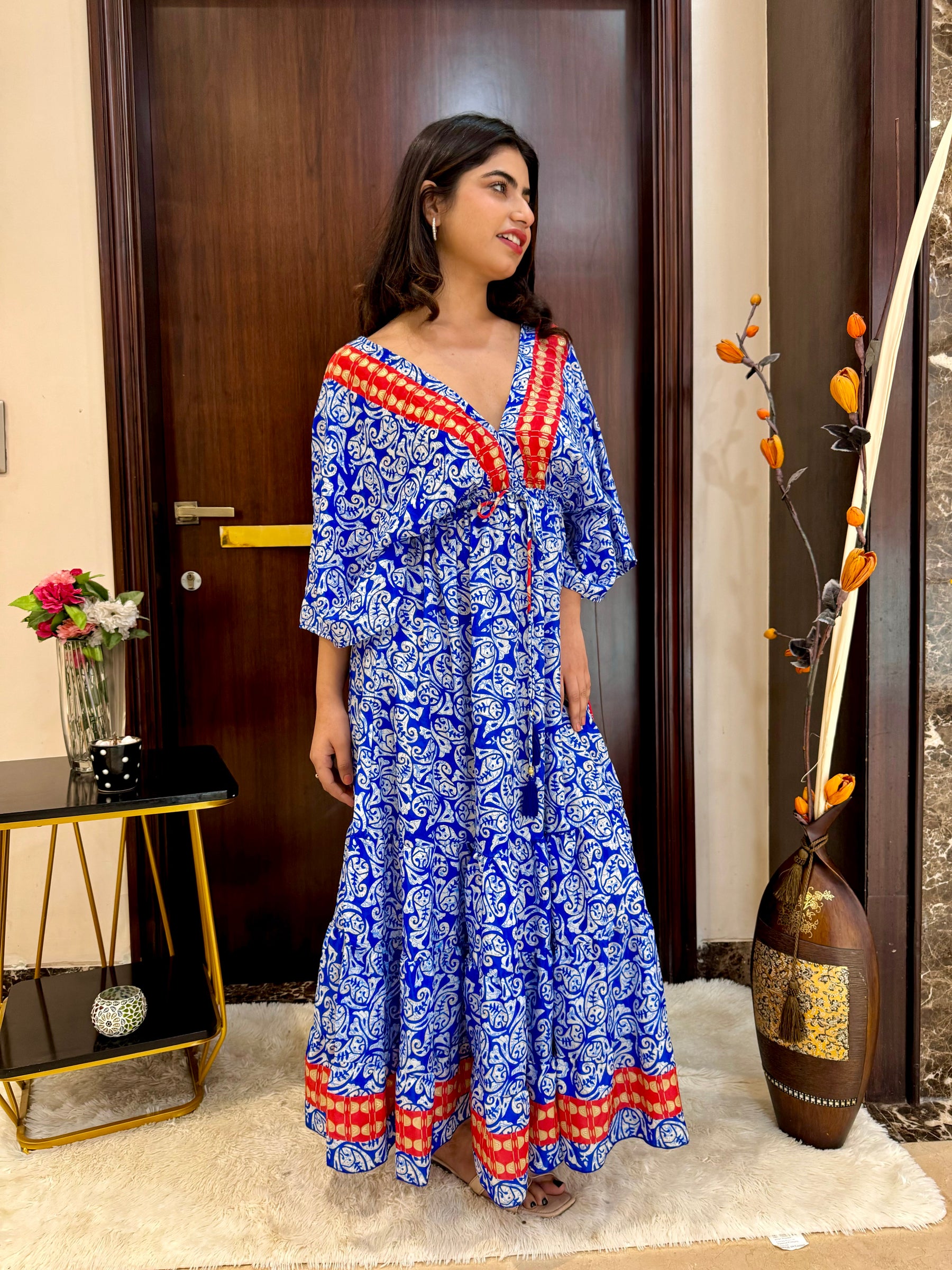 Kaftan pattern boho foil printed maxi dress - Crisp Sky SmisingBee