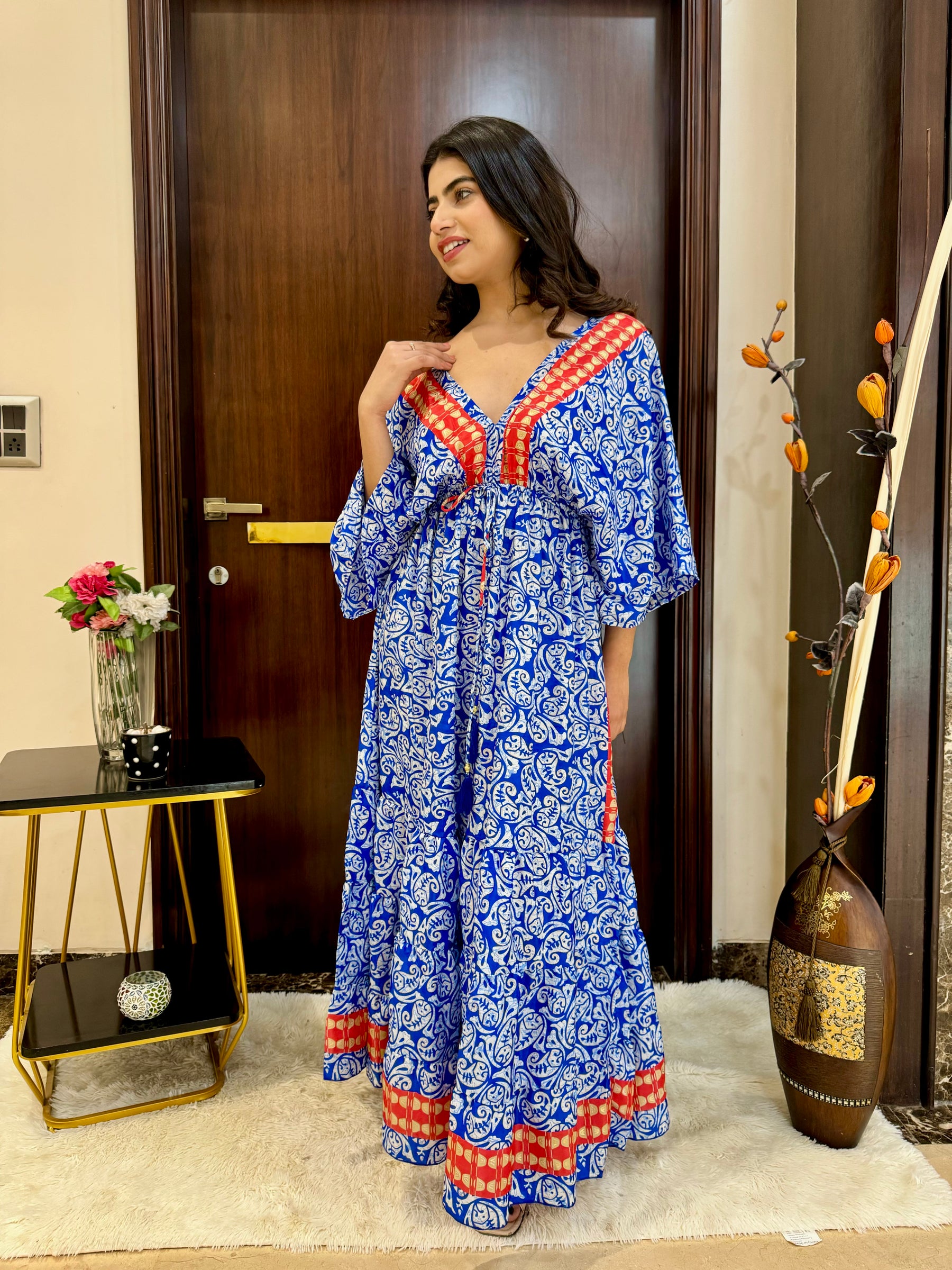 Kaftan pattern boho foil printed maxi dress - Crisp Sky SmisingBee