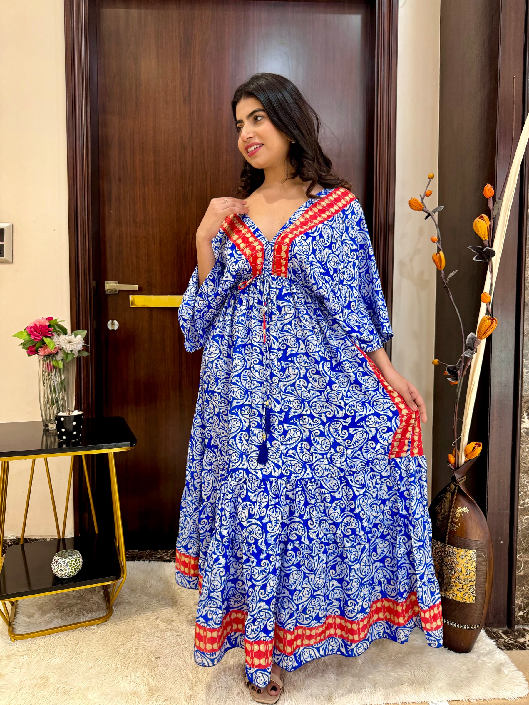 Kaftan pattern boho foil printed maxi dress - Crisp Sky SmisingBee