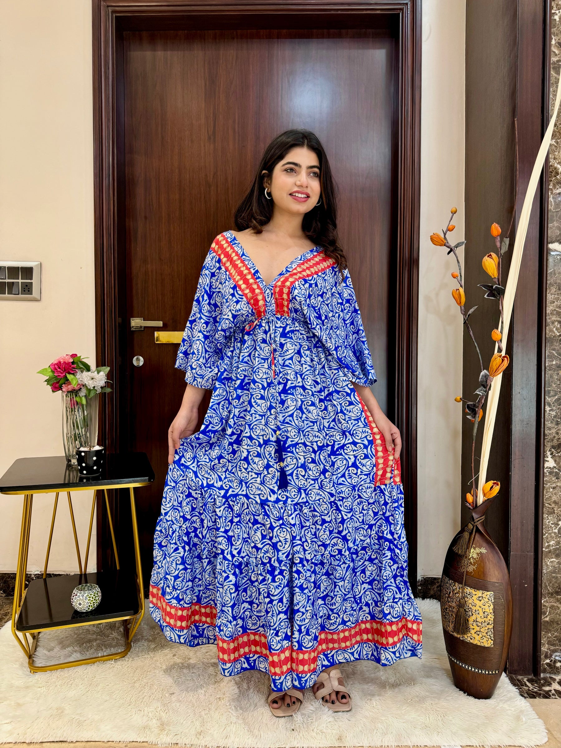 Kaftan pattern boho foil printed maxi dress - Crisp Sky SmisingBee