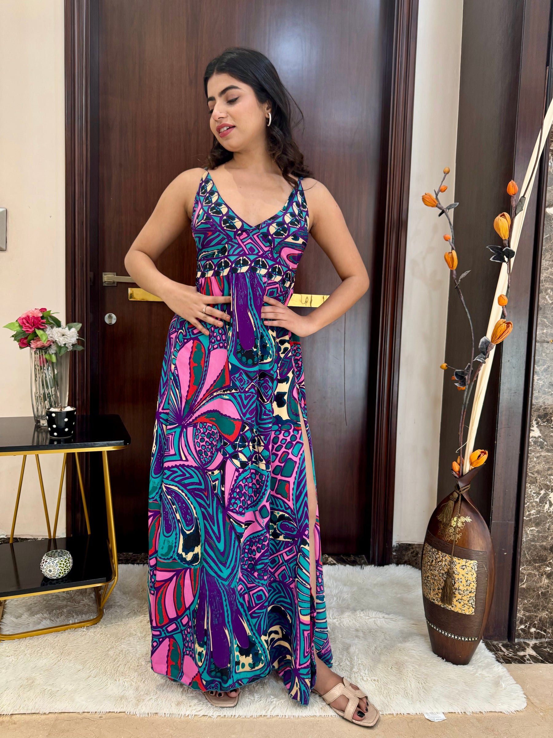 Side Slit Boho Printed Maxi Dress - Violet Vivid SmisingBee