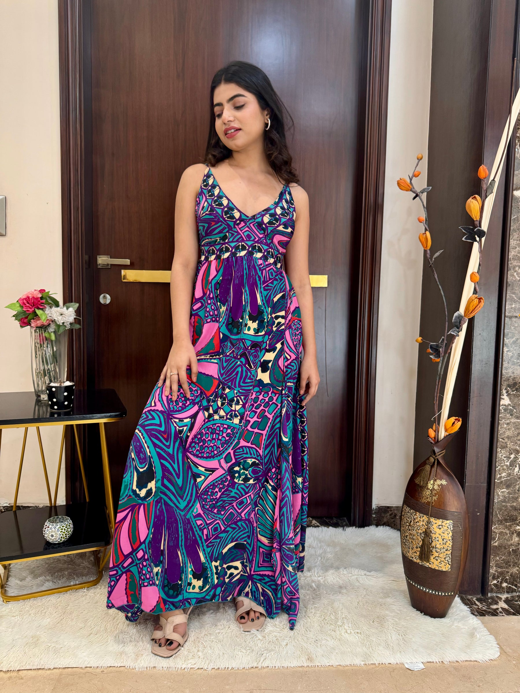 Side Slit Boho Printed Maxi Dress - Violet Vivid SmisingBee