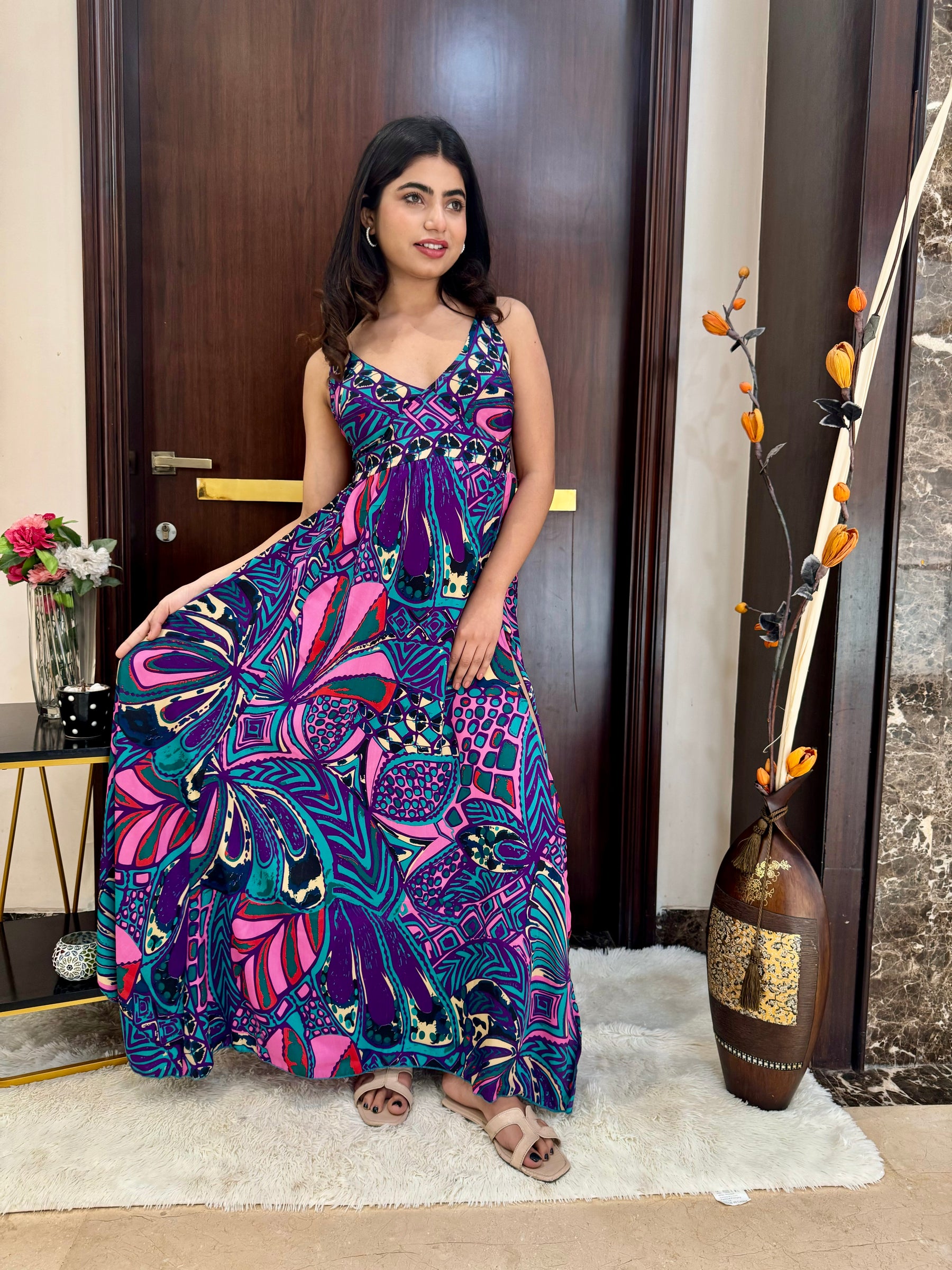 Side Slit Boho Printed Maxi Dress - Violet Vivid SmisingBee