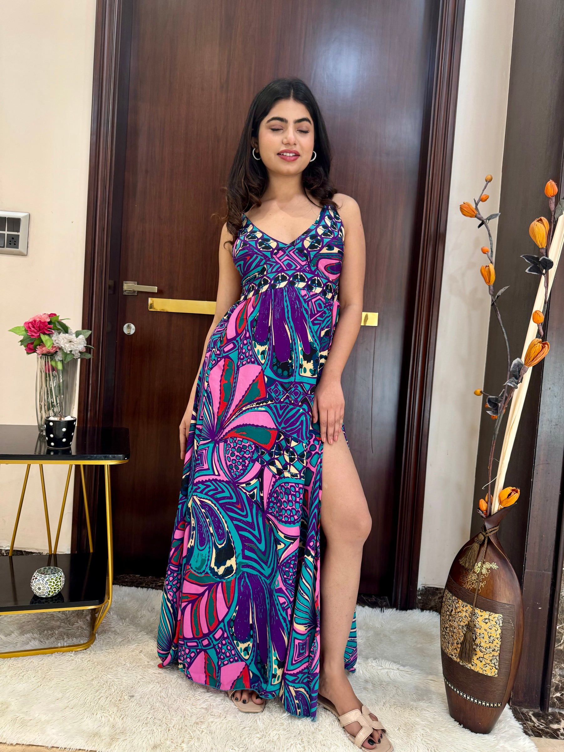 Side Slit Boho Printed Maxi Dress - Violet Vivid SmisingBee