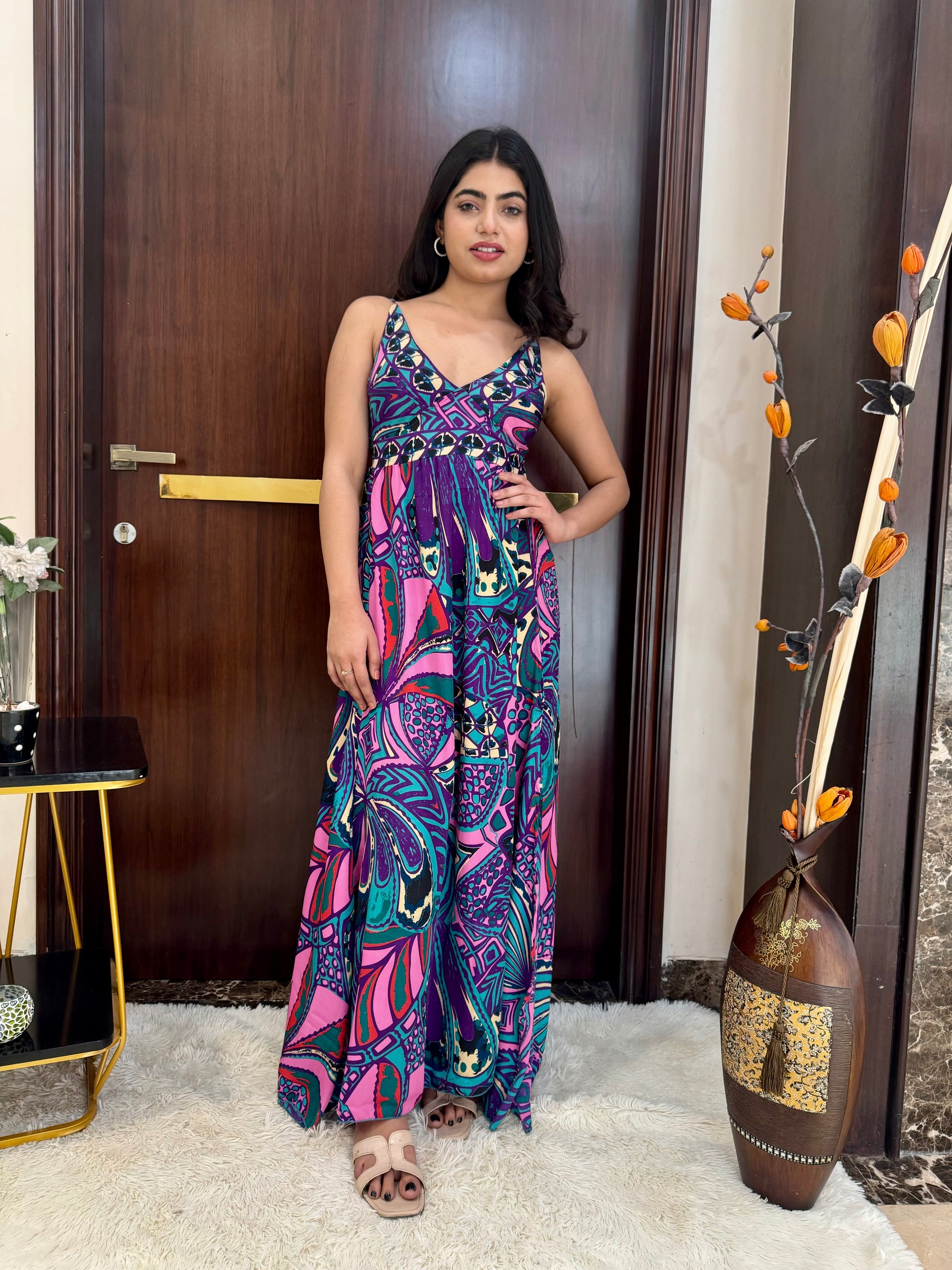 Side Slit Boho Printed Maxi Dress - Violet Vivid SmisingBee
