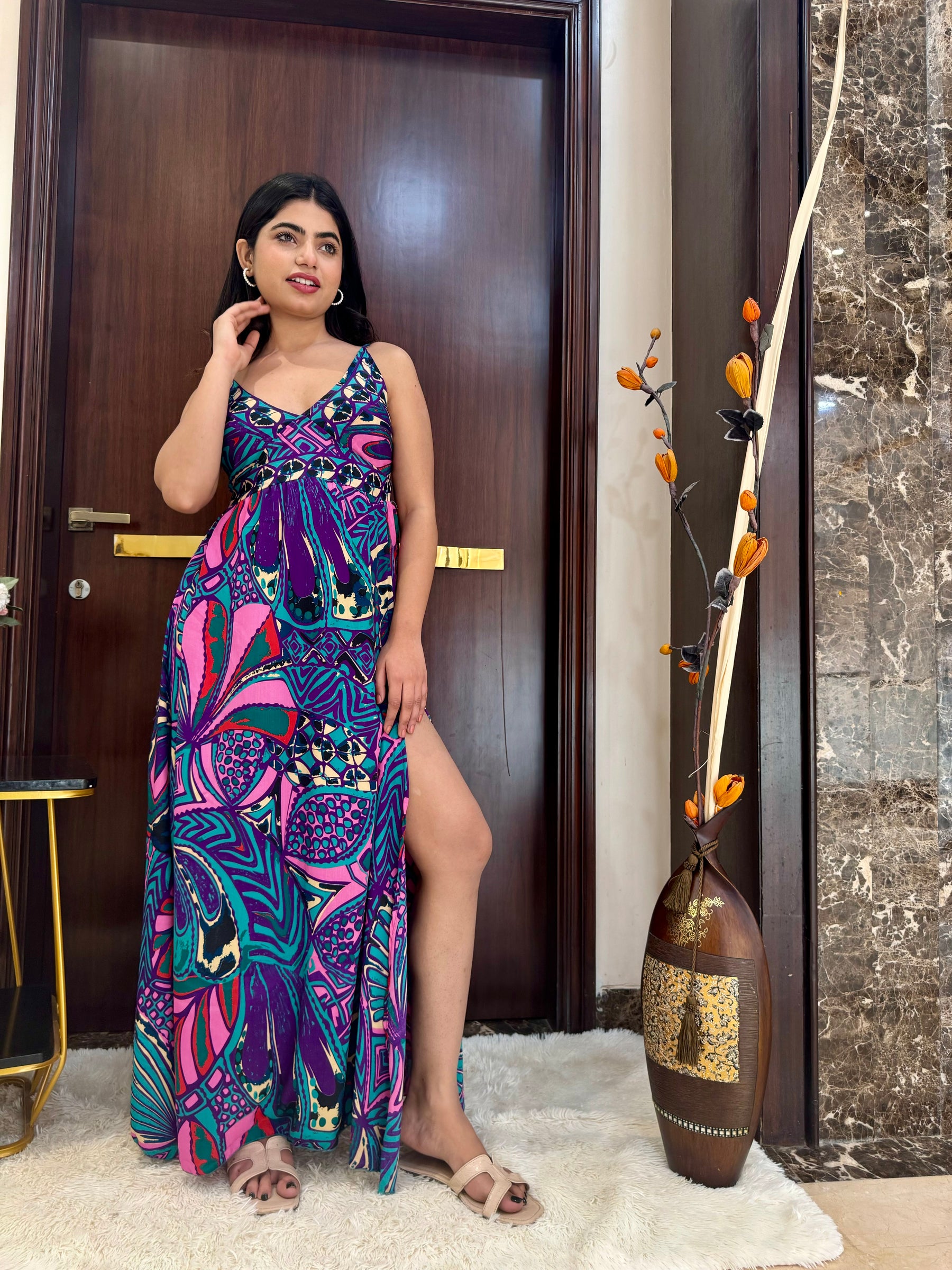 Side Slit Boho Printed Maxi Dress - Violet Vivid SmisingBee