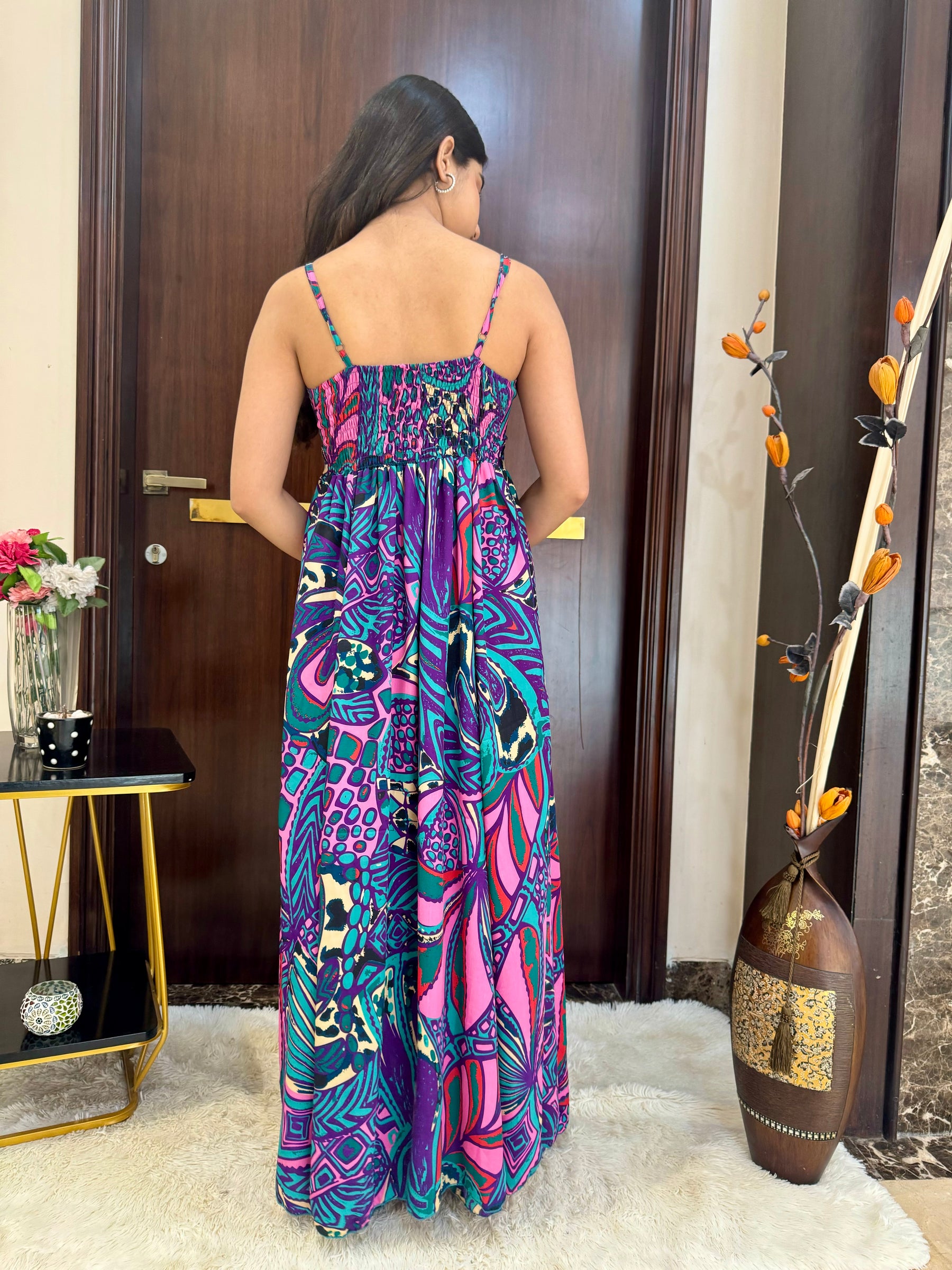 Side Slit Boho Printed Maxi Dress - Violet Vivid SmisingBee