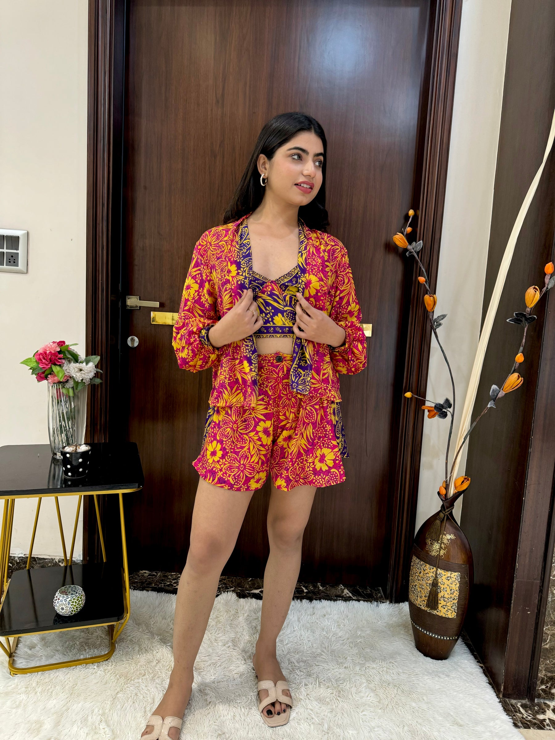 Puff Sleeves Kimono and Shorts Coordinate Set (3 Piece)- Golden Rose SmisingBee