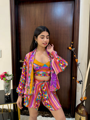 Puff Sleeves Kimono and Shorts Coordinate Set (3 Piece)-  Spectrum Dream SmisingBee