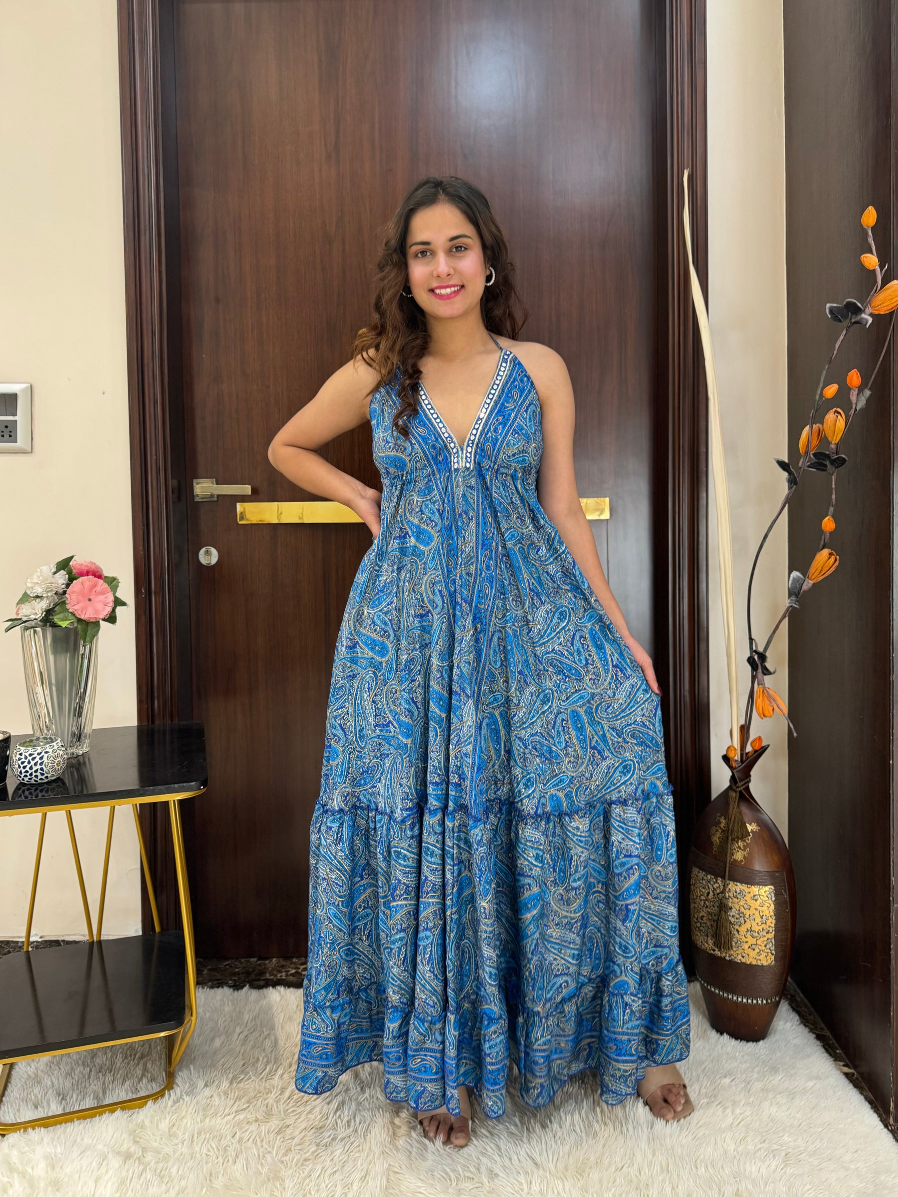 SmisingBee Tie Back Backless Maxi Dress - Turquoise Twilight