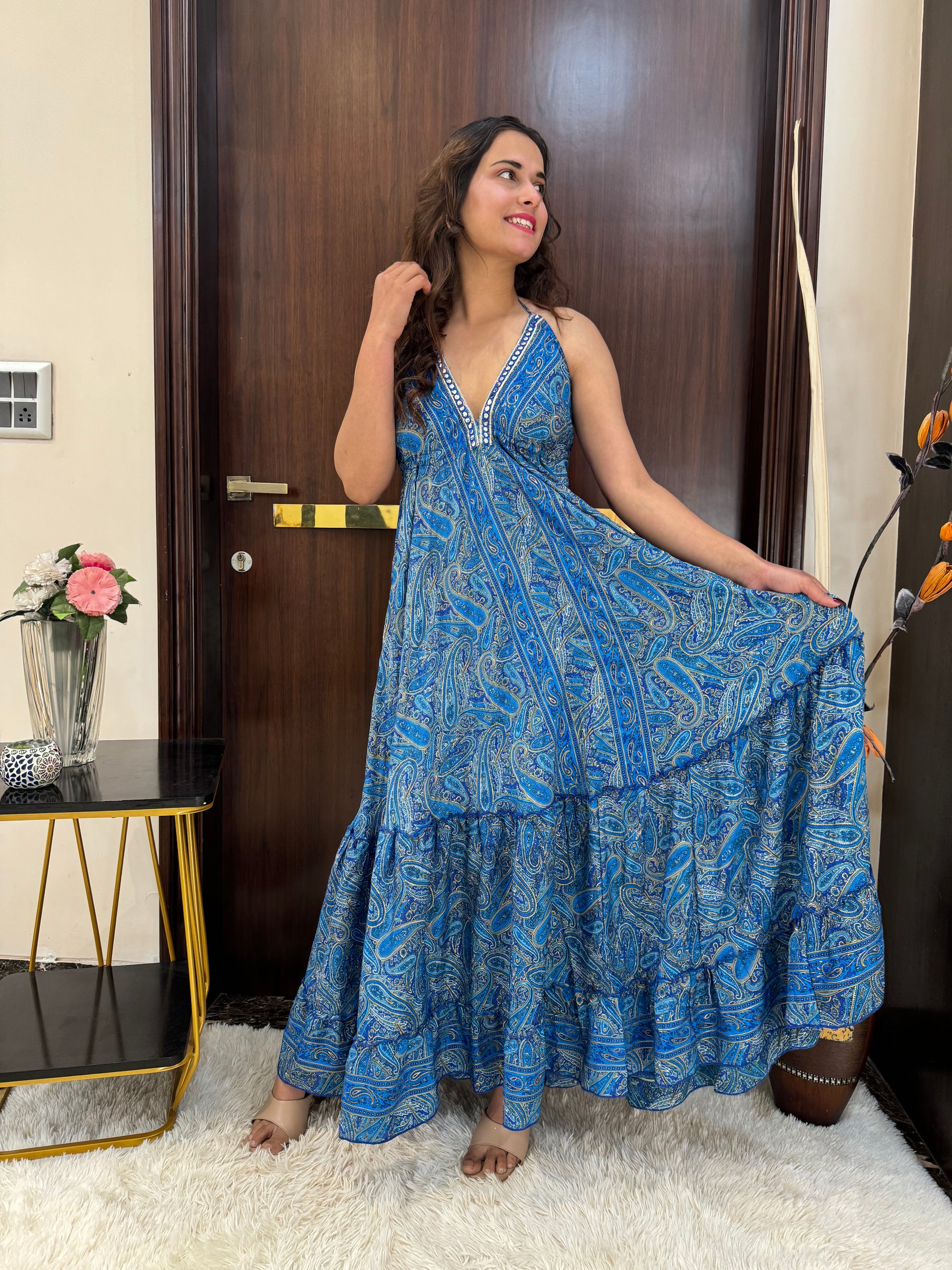 SmisingBee Tie Back Backless Maxi Dress - Turquoise Twilight