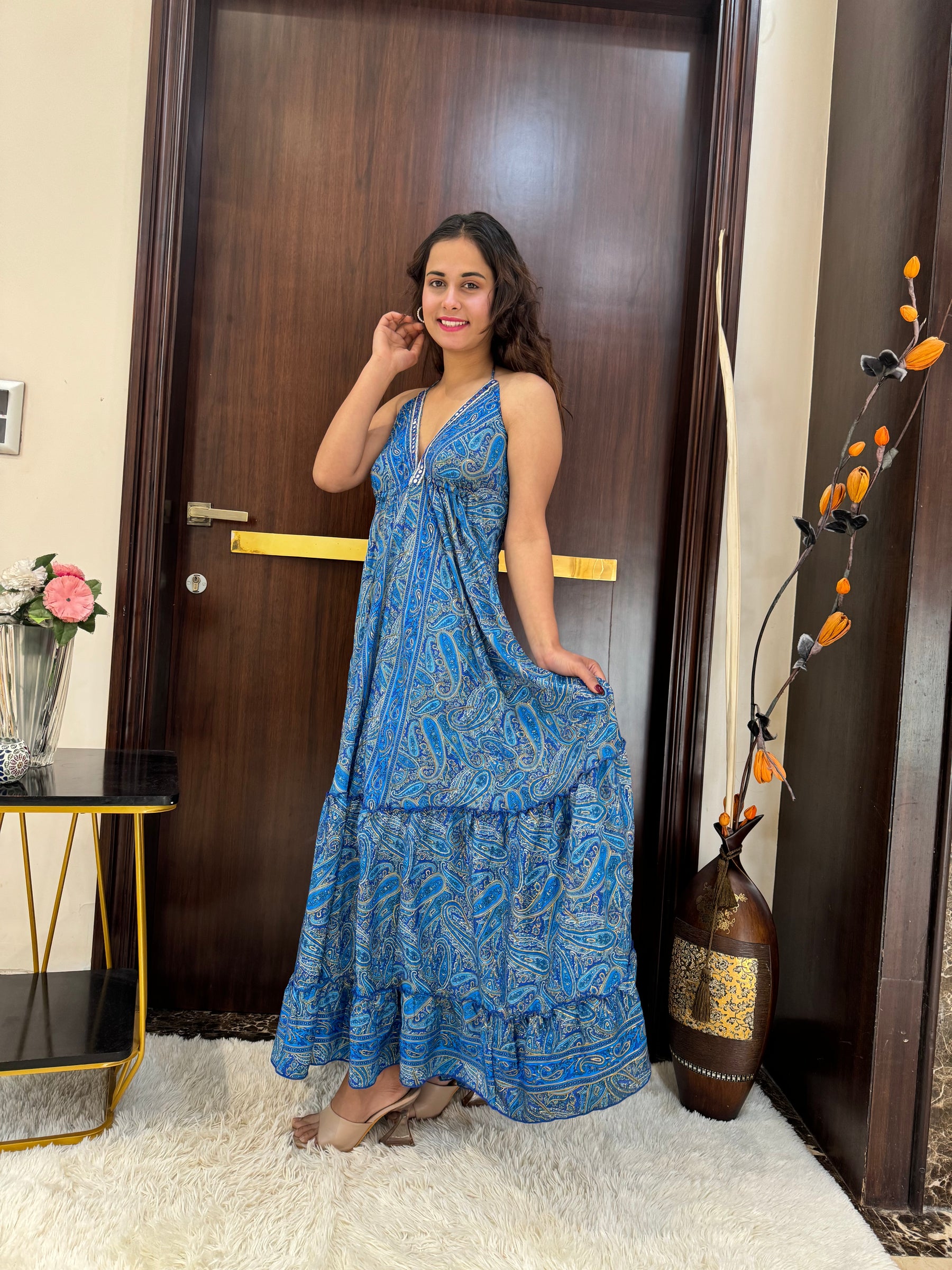 SmisingBee Tie Back Backless Maxi Dress - Turquoise Twilight