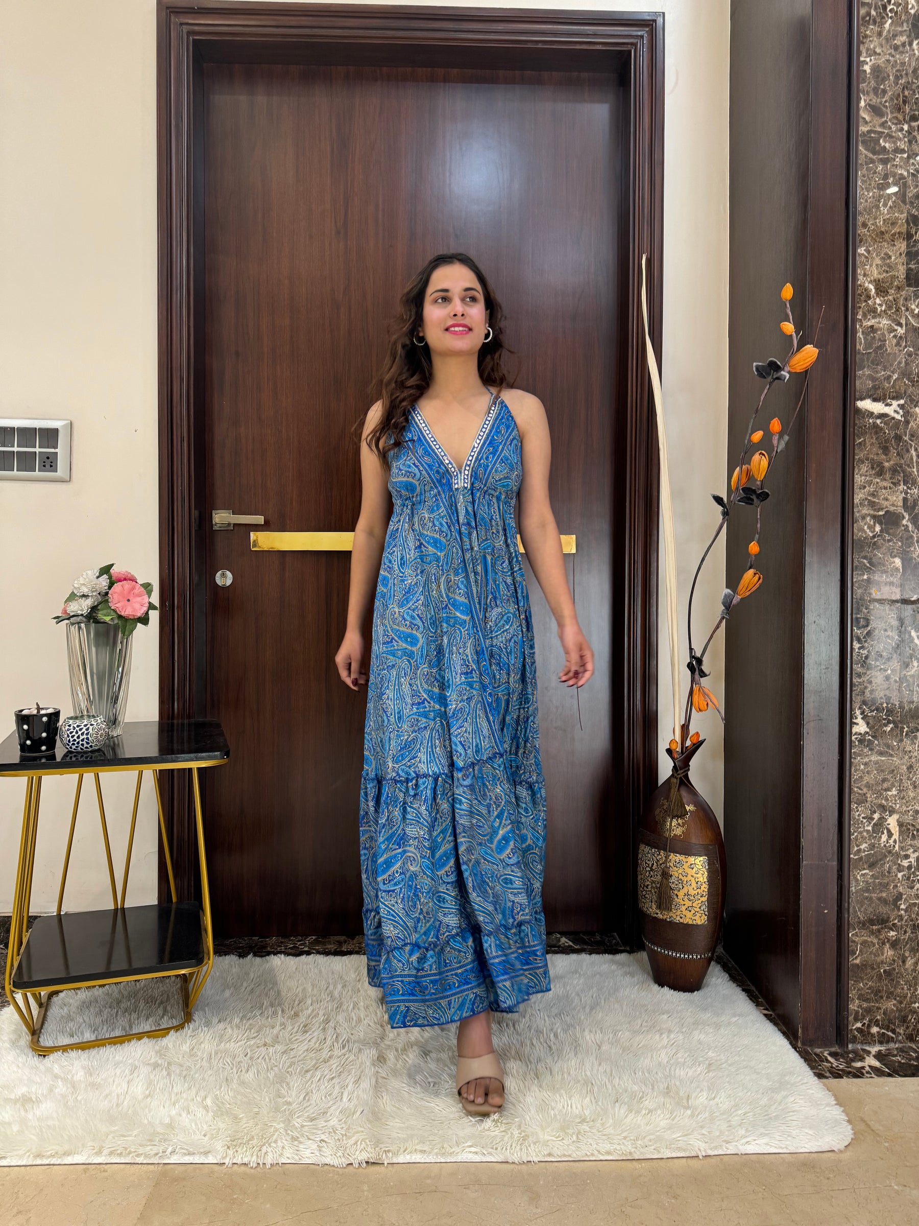 SmisingBee Tie Back Backless Maxi Dress - Turquoise Twilight