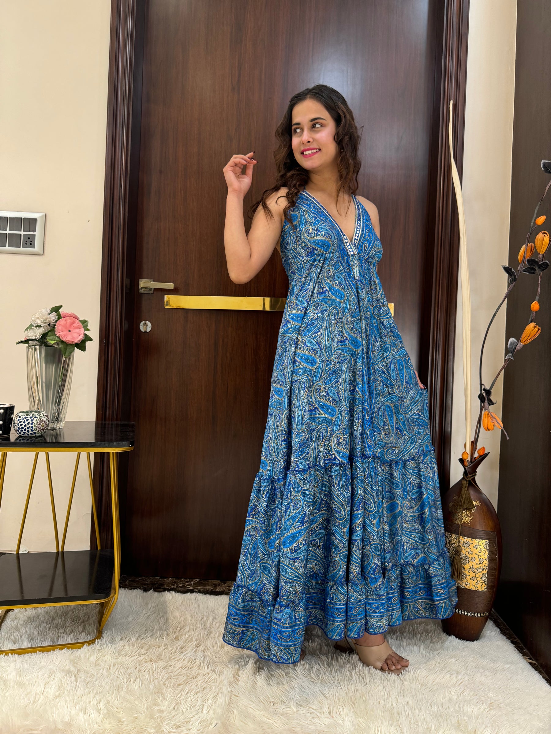 SmisingBee Tie Back Backless Maxi Dress - Turquoise Twilight