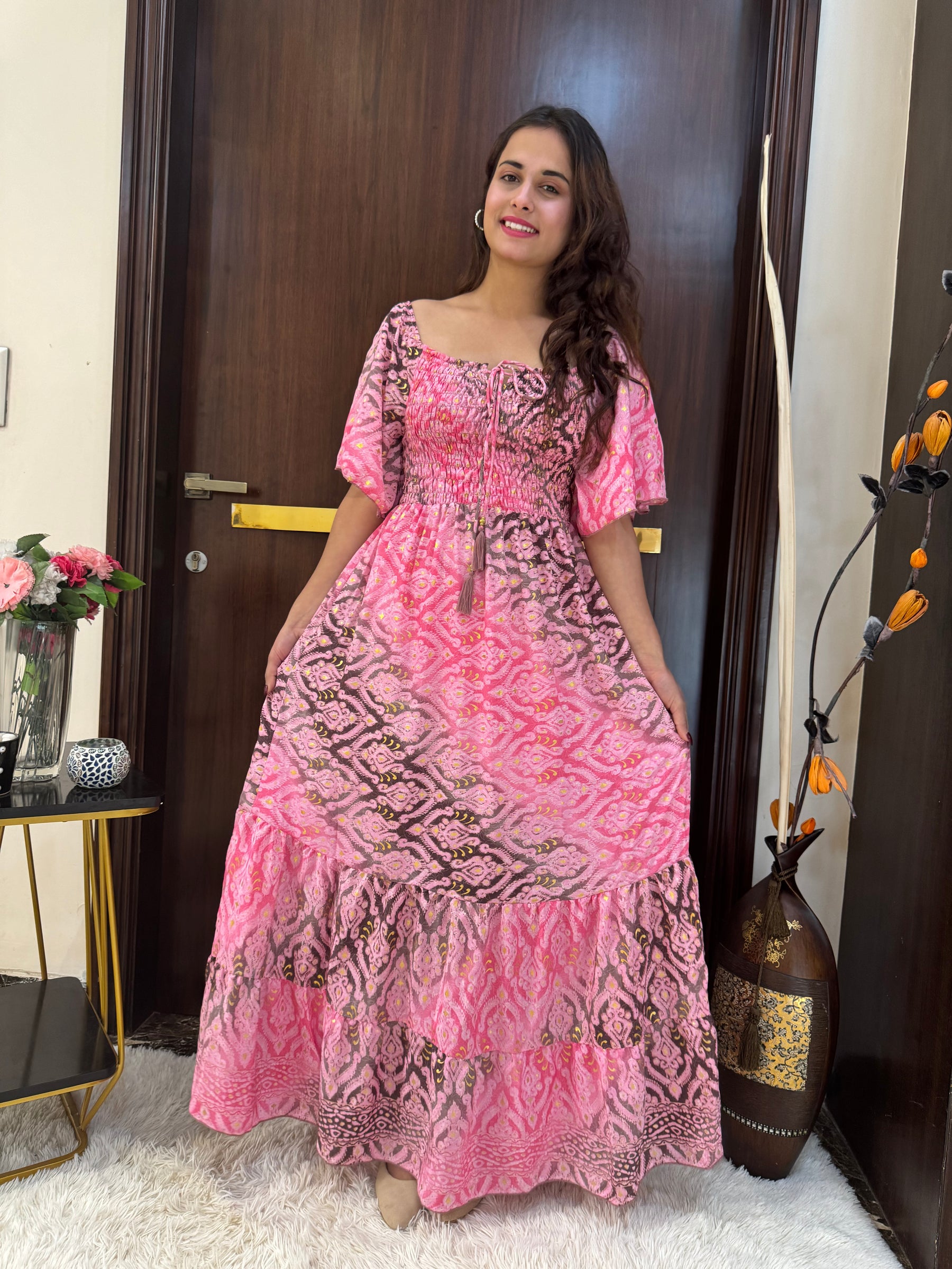 Elasticated Bust Boho Printed Maxi Dress - Pink