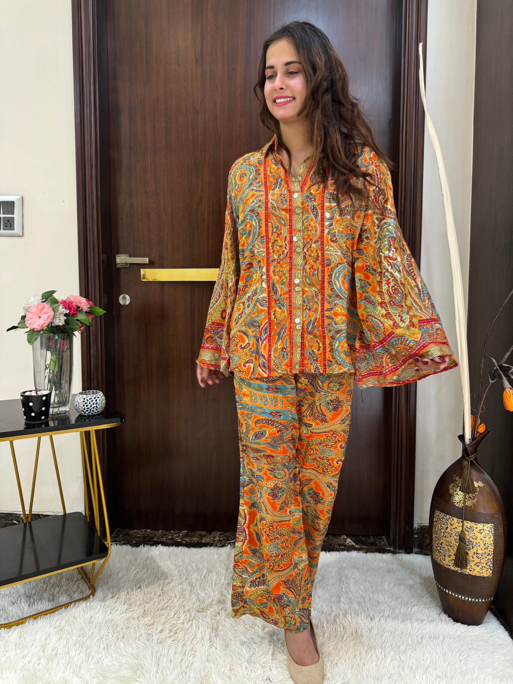 Boho Printed Bell Sleeves Coordinate Set  - Orange ( Two - Piece)