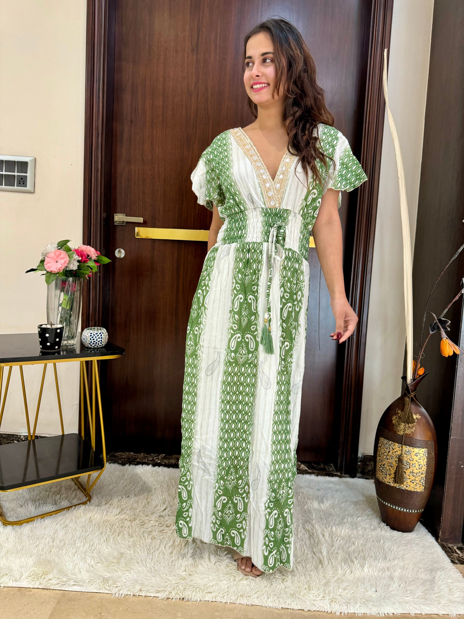 Embroidery Featured Rayon Lurex Boho Printed Maxi Dress in Green