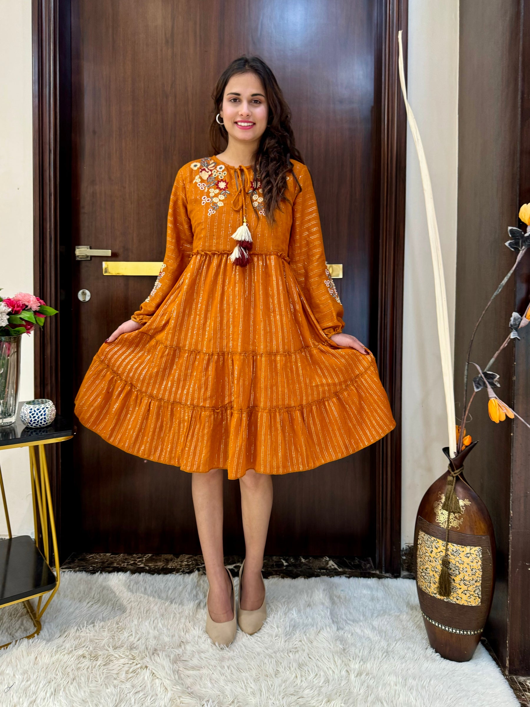 Lurex Embroidered Skater Short Dress in Orange
