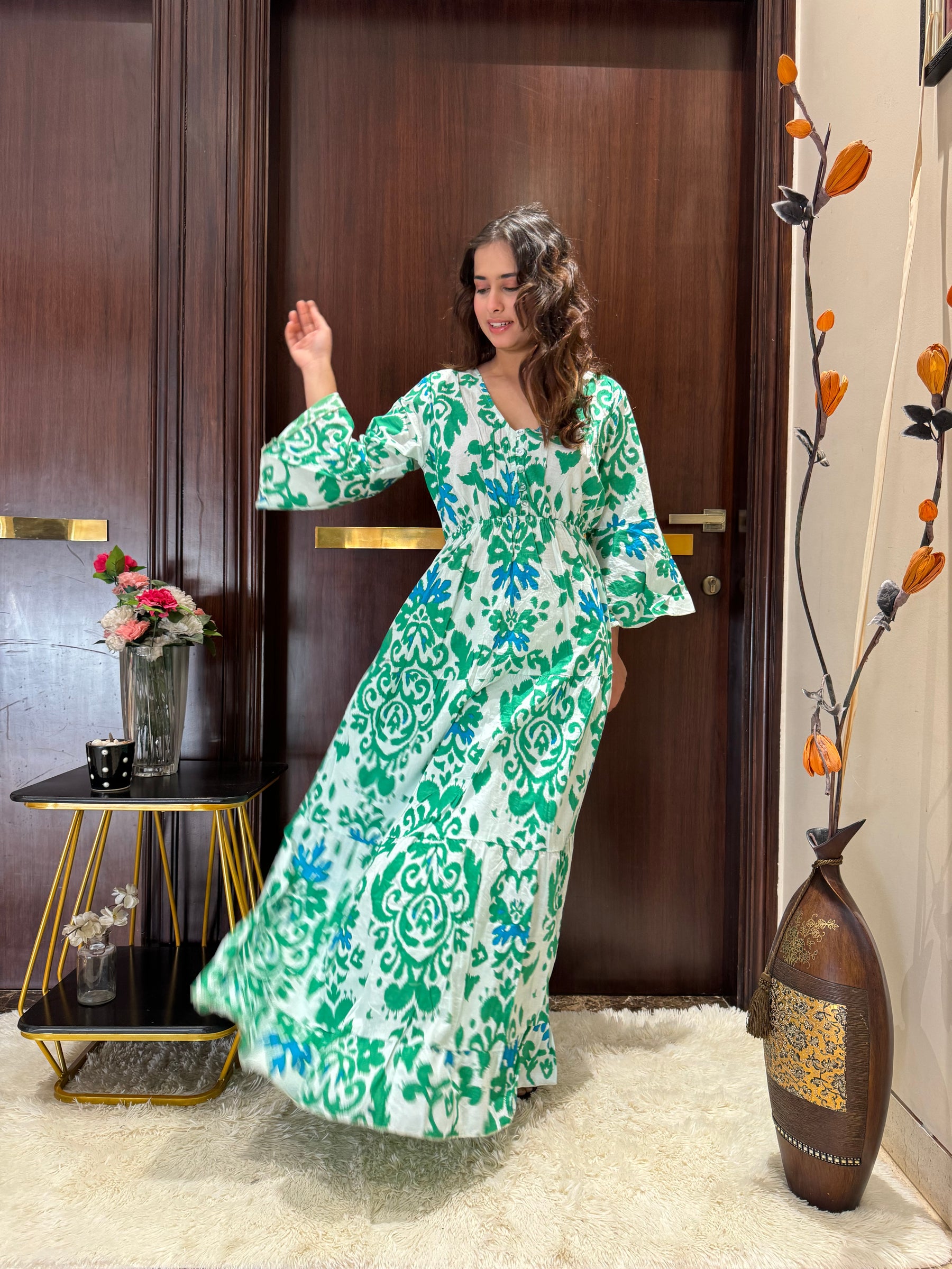 Bell Sleeves Cotton Long Dress - Spring Breeze