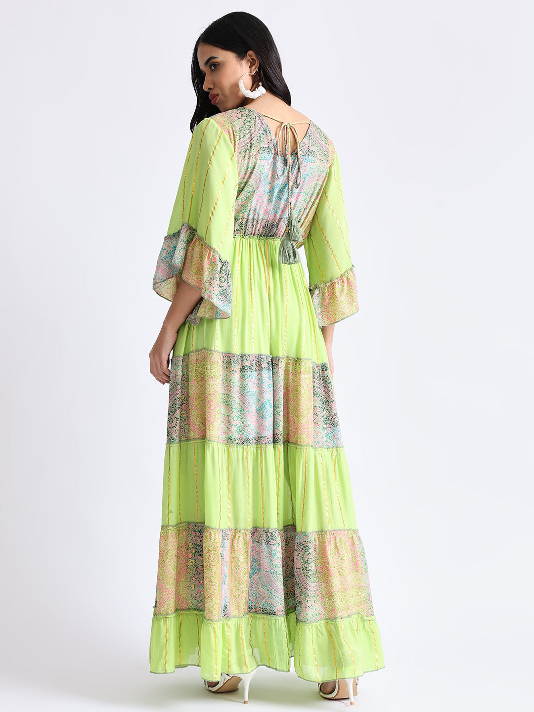 Embroidery Hand Work Bell Sleeves Front Boho Printed Maxi Dress - Lime Blossom