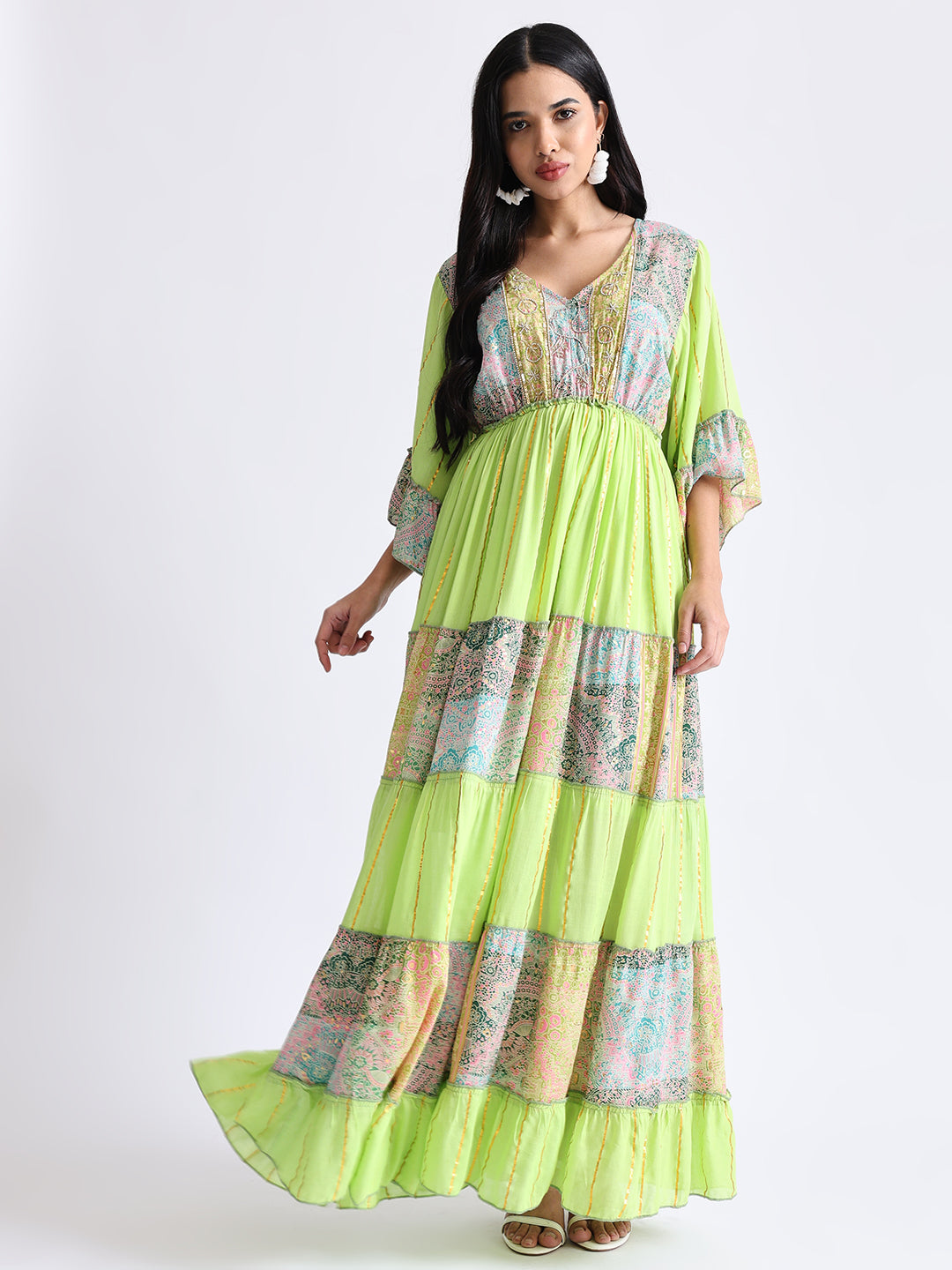 Embroidery Hand Work Bell Sleeves Front Boho Printed Maxi Dress - Lime Blossom