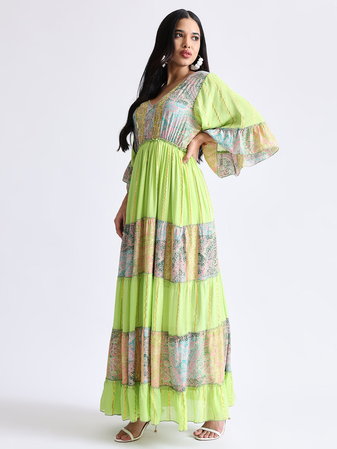 Embroidery Hand Work Bell Sleeves Front Boho Printed Maxi Dress - Lime Blossom