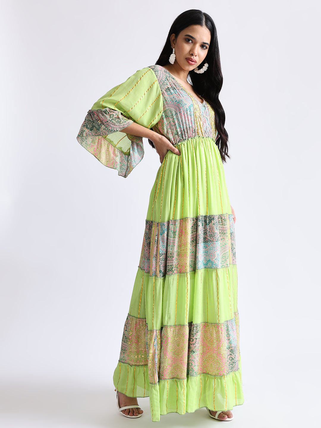 Embroidery Hand Work Bell Sleeves Front Boho Printed Maxi Dress - Lime Blossom