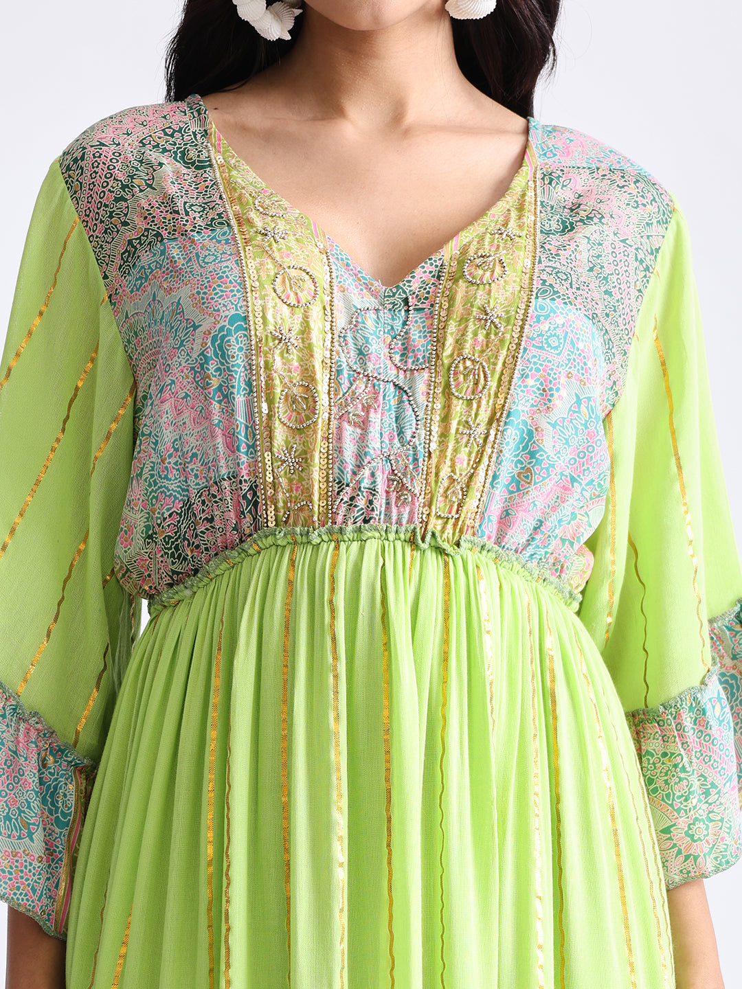 Embroidery Hand Work Bell Sleeves Front Boho Printed Maxi Dress - Lime Blossom