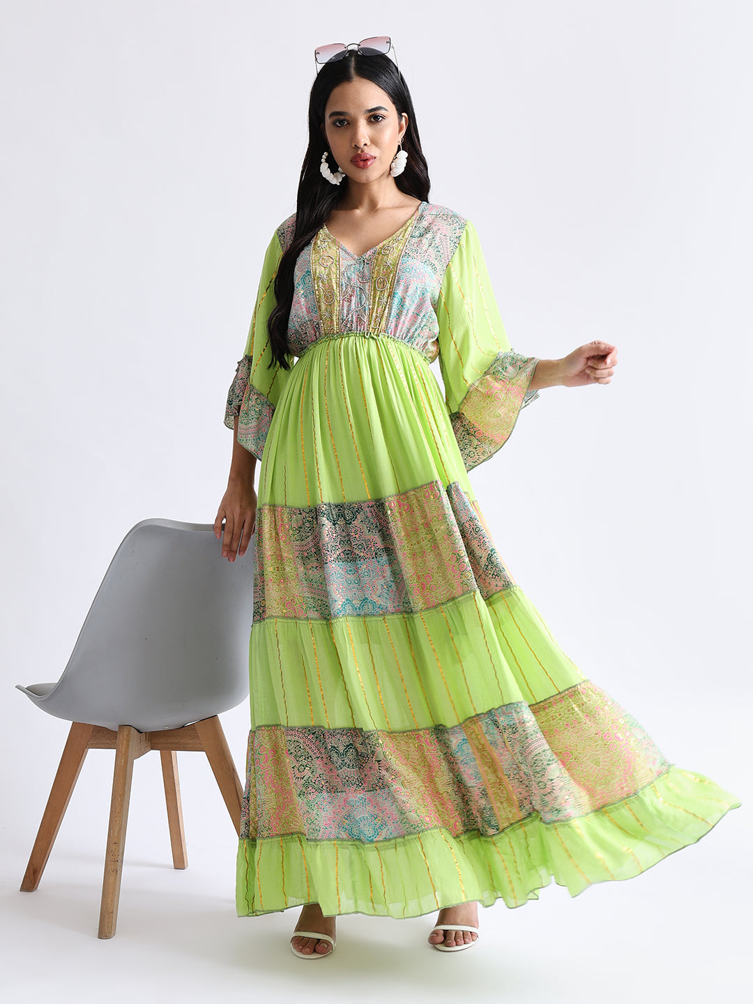 Embroidery Hand Work Bell Sleeves Front Boho Printed Maxi Dress - Lime Blossom