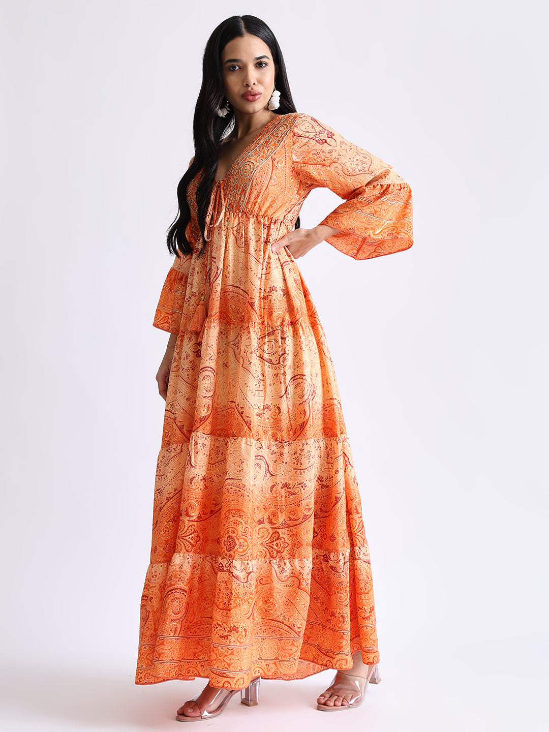 Embroidery Hand Work Bell Sleeves Front Boho Printed Maxi Dress - Sunset Serenade