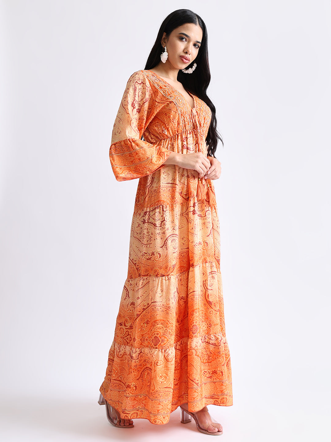 Embroidery Hand Work Bell Sleeves Front Boho Printed Maxi Dress - Sunset Serenade