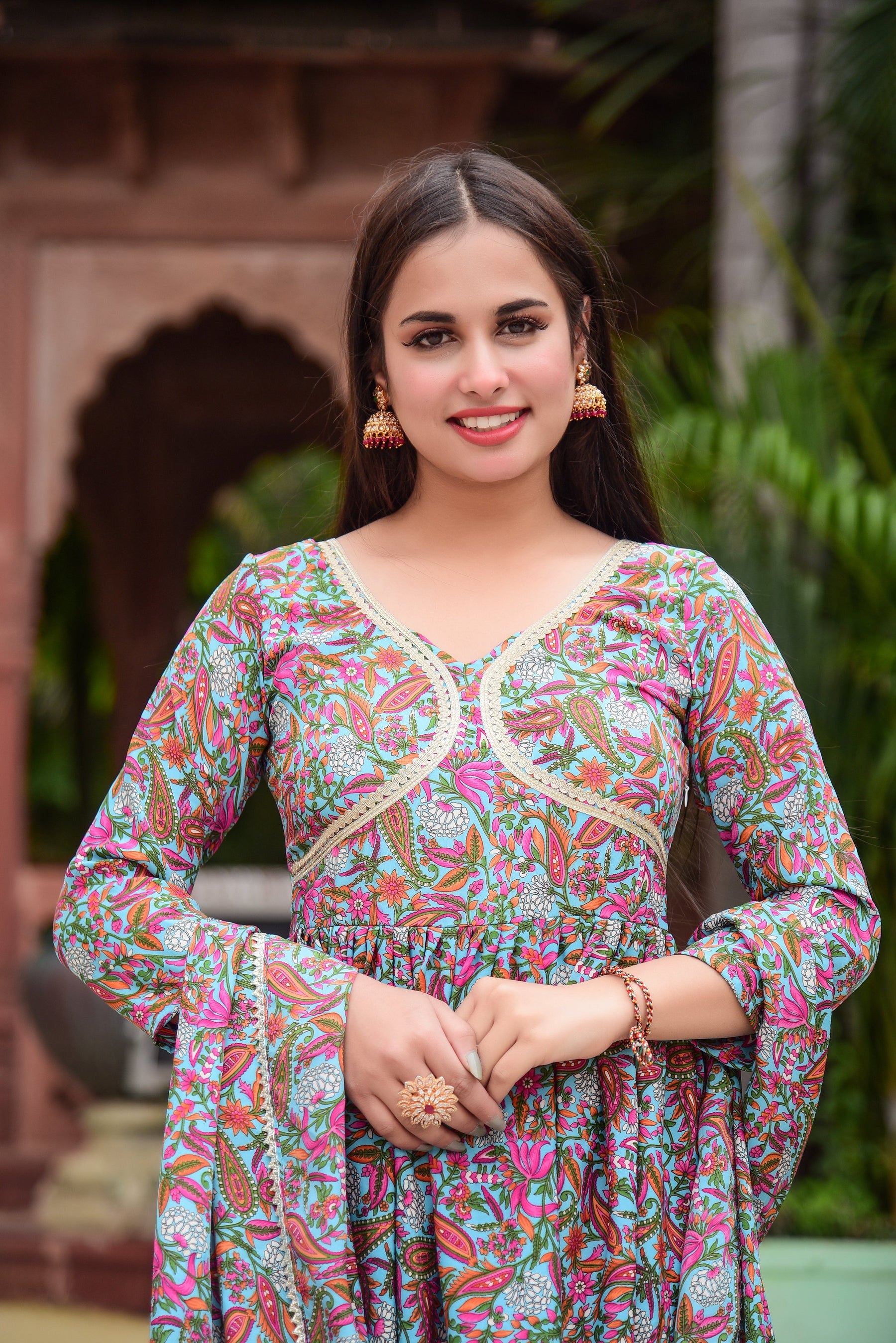 Pink and Blue paisley Floral Print Kurta Set