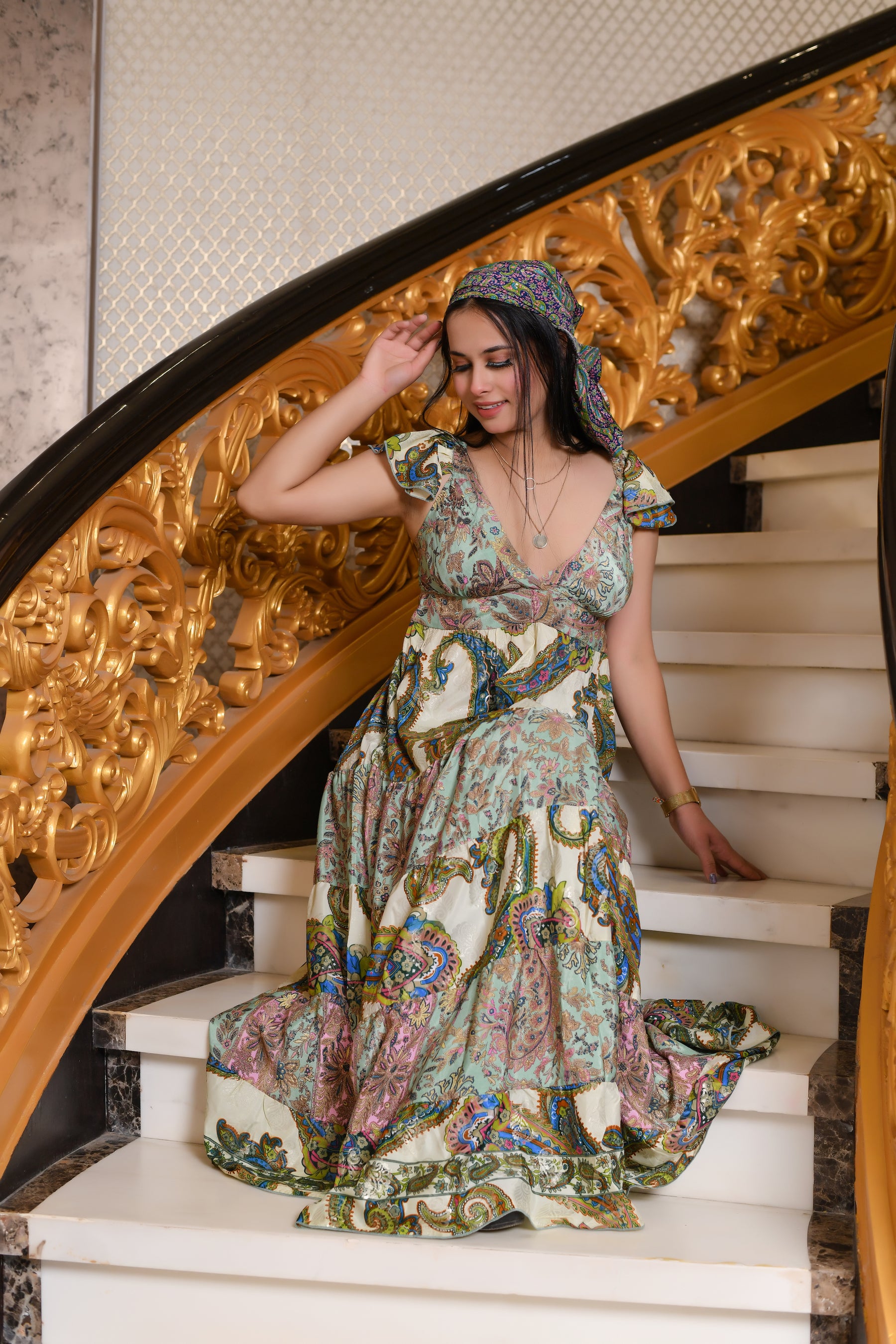 Foil Print Two Color Boho Maxi Dress