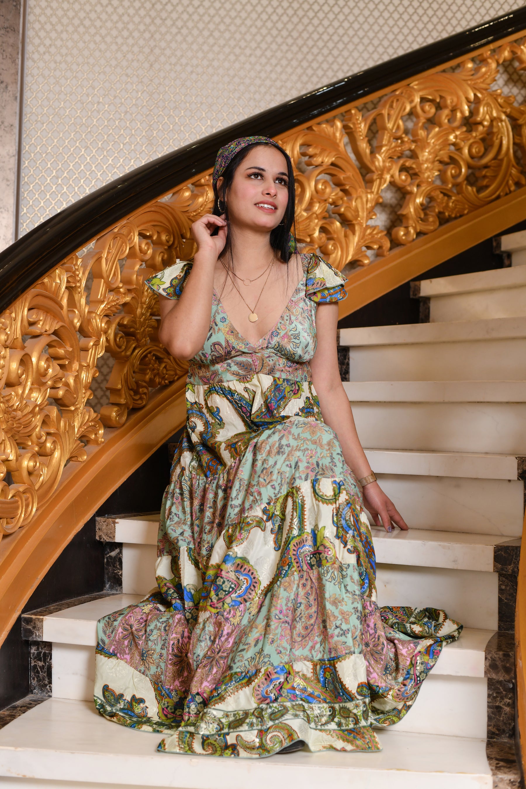 Foil Print Two Color Boho Maxi Dress