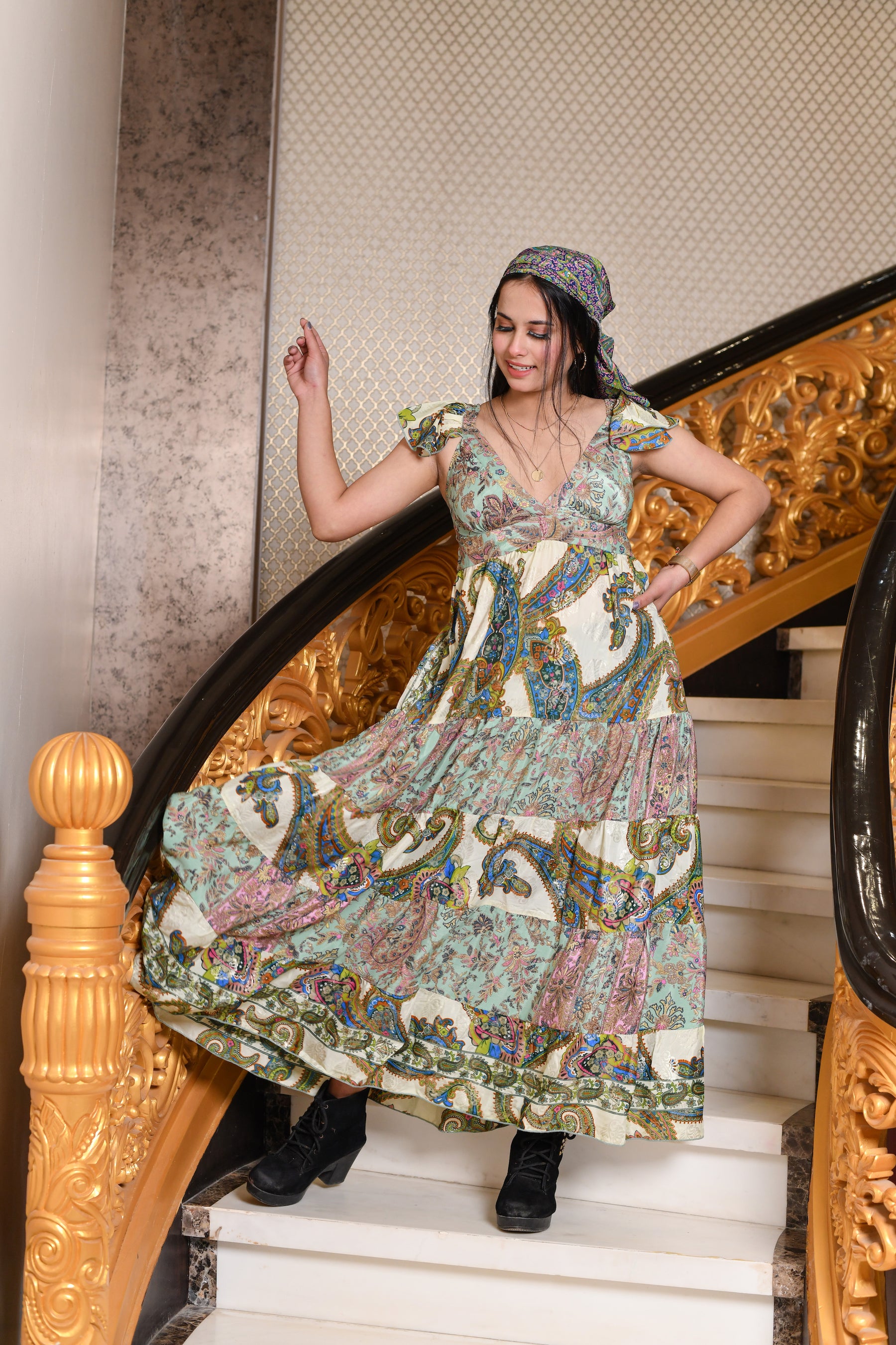 Foil Print Two Color Boho Maxi Dress