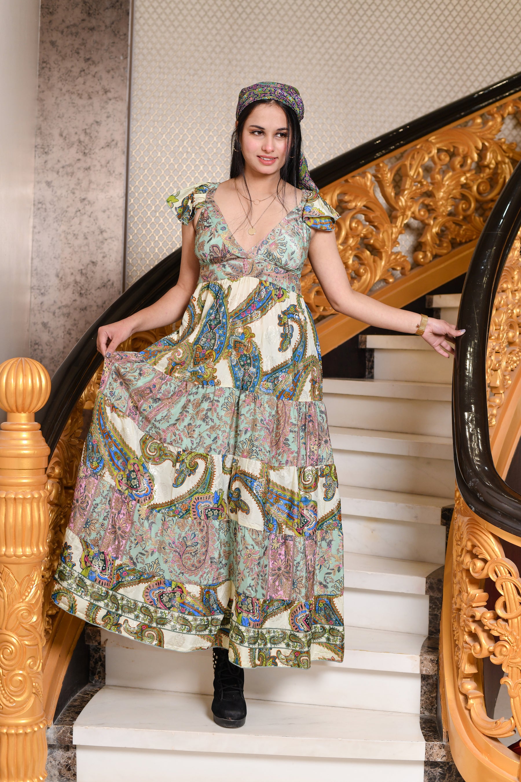 Foil Print Two Color Boho Maxi Dress