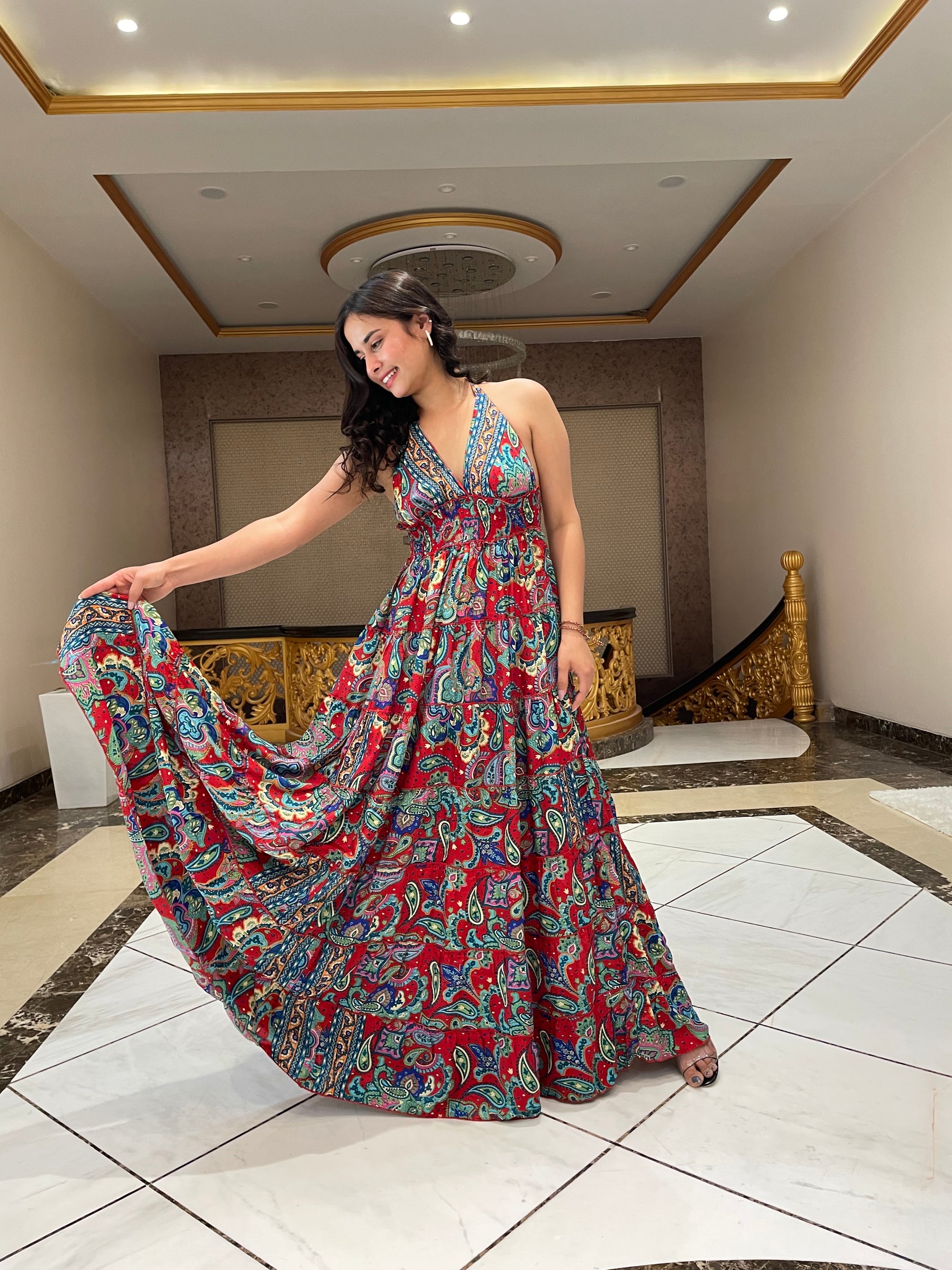 Halter Neck Multi Panel Boho printed Maxi Dress In Multicolor