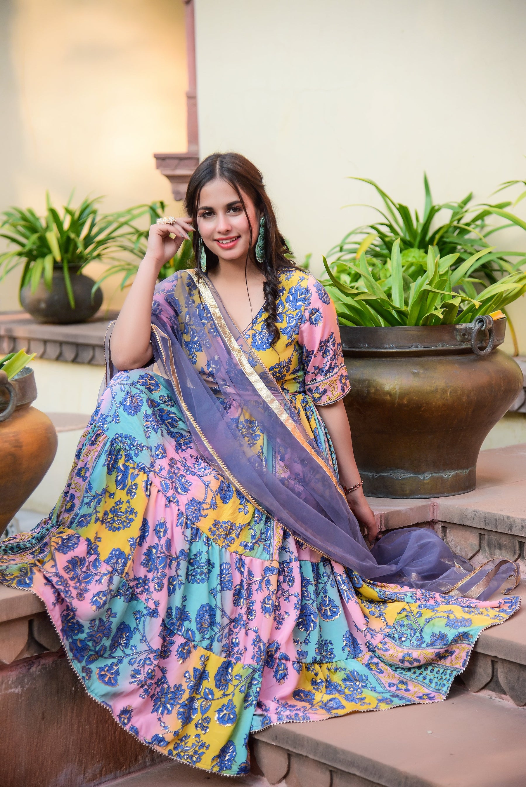 Multicolor floral Angrakha Kurta Set