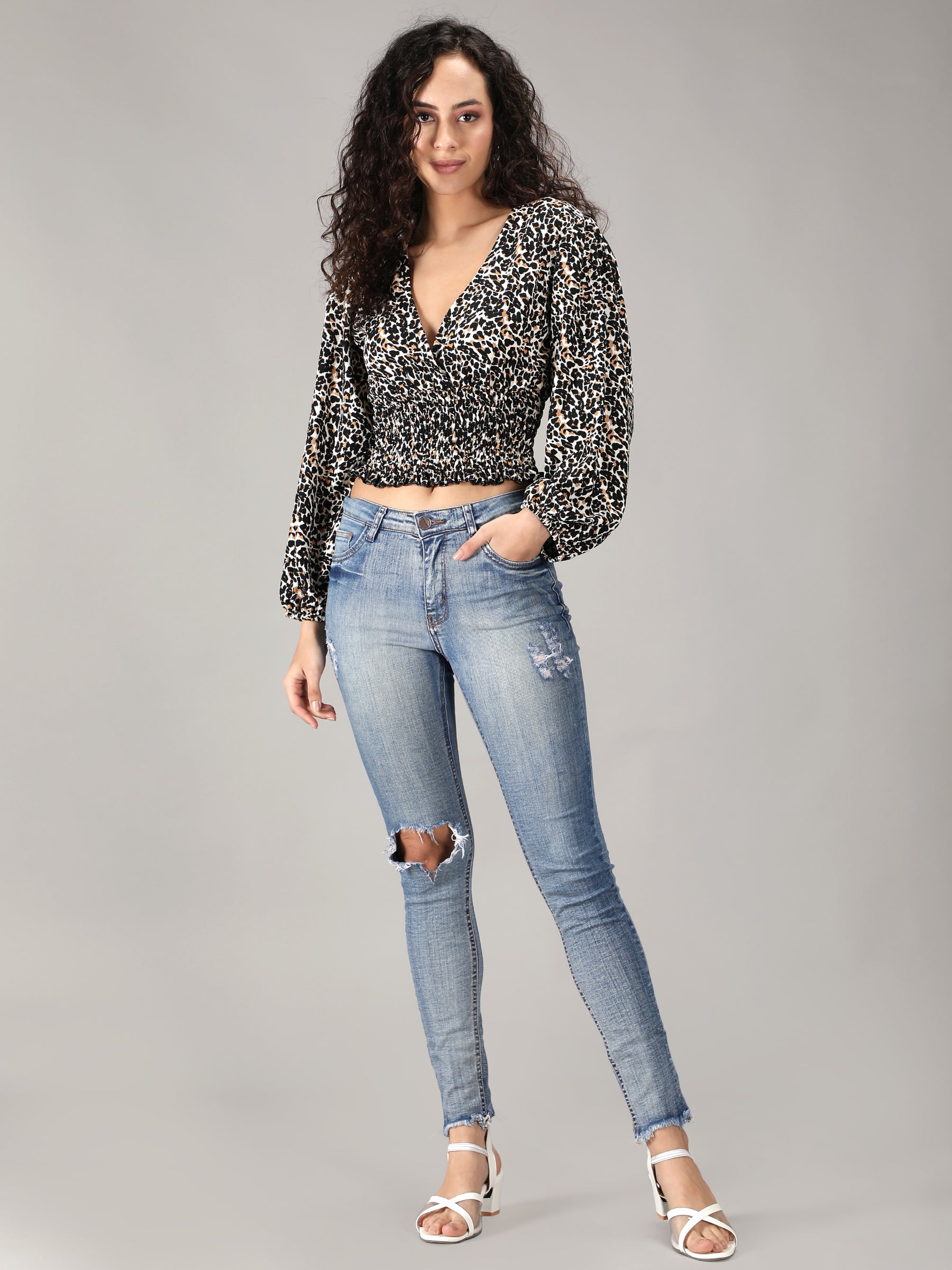 SmisingBee Bishop Sleeve Shirred Detail Ditsy Floral Top