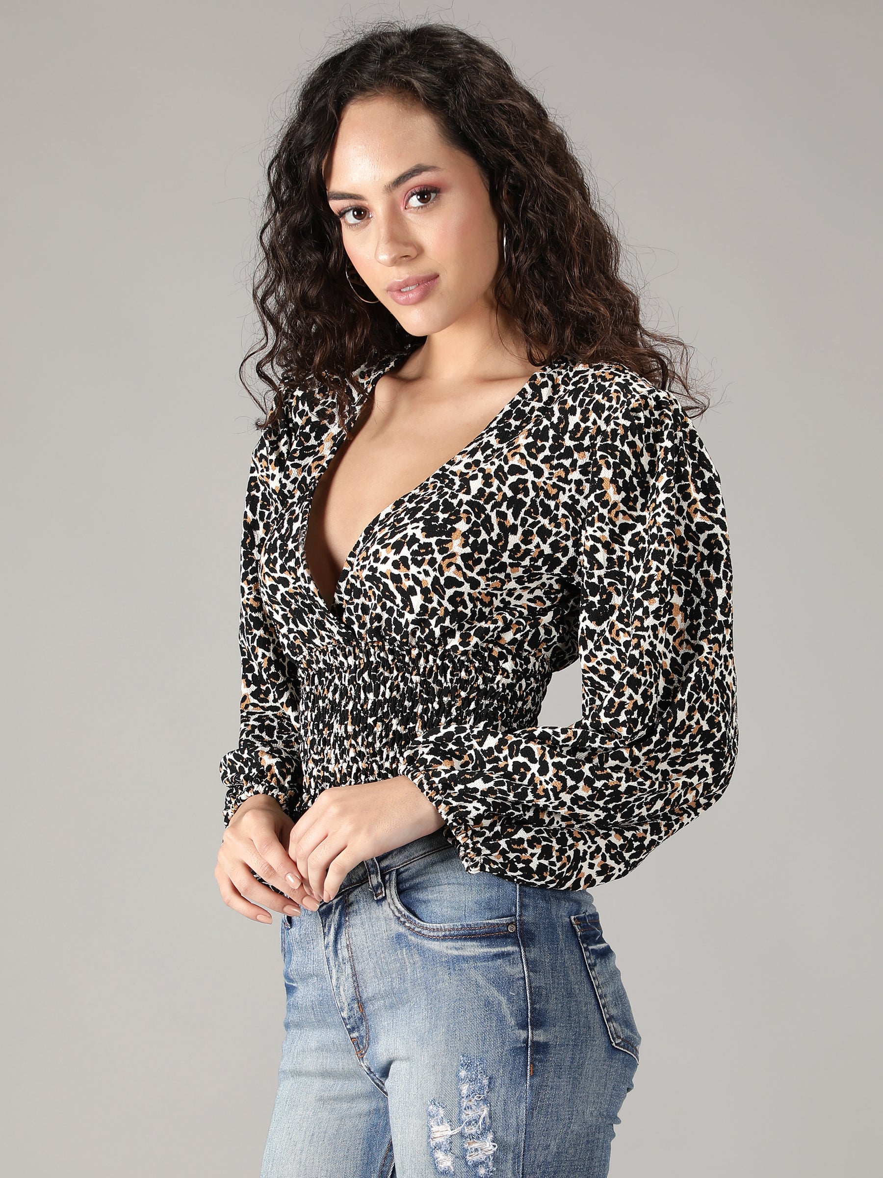 SmisingBee Bishop Sleeve Shirred Detail Ditsy Floral Top