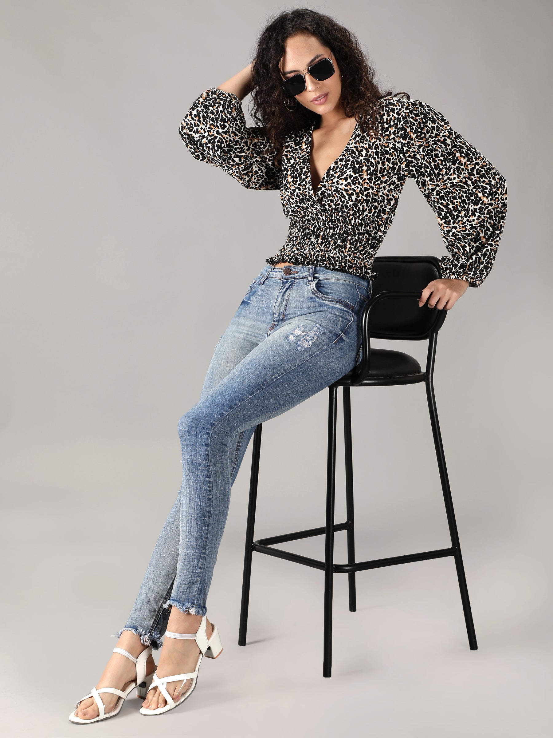 SmisingBee Bishop Sleeve Shirred Detail Ditsy Floral Top